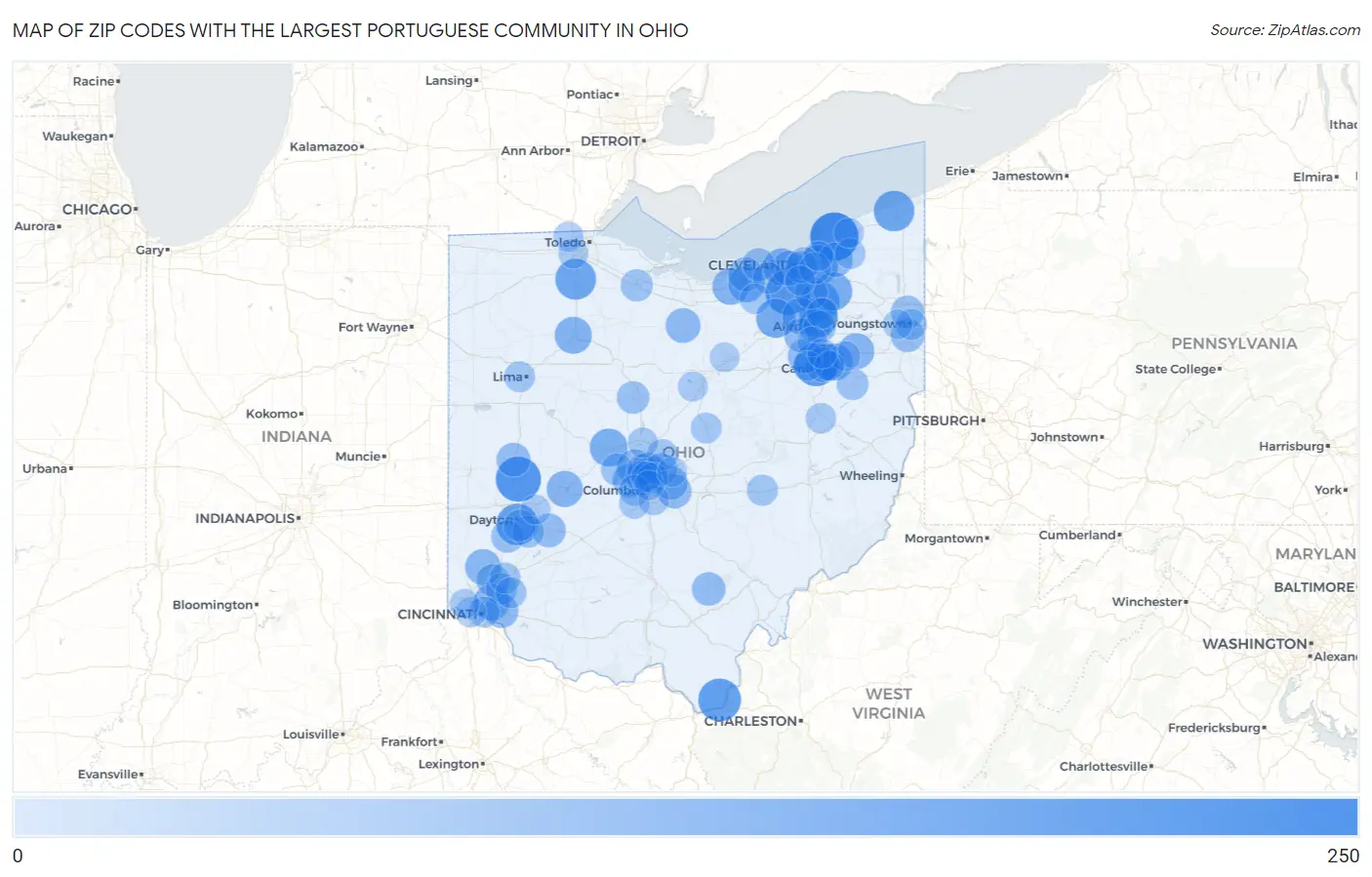 Zip Codes with the Largest Portuguese Community in Ohio Map