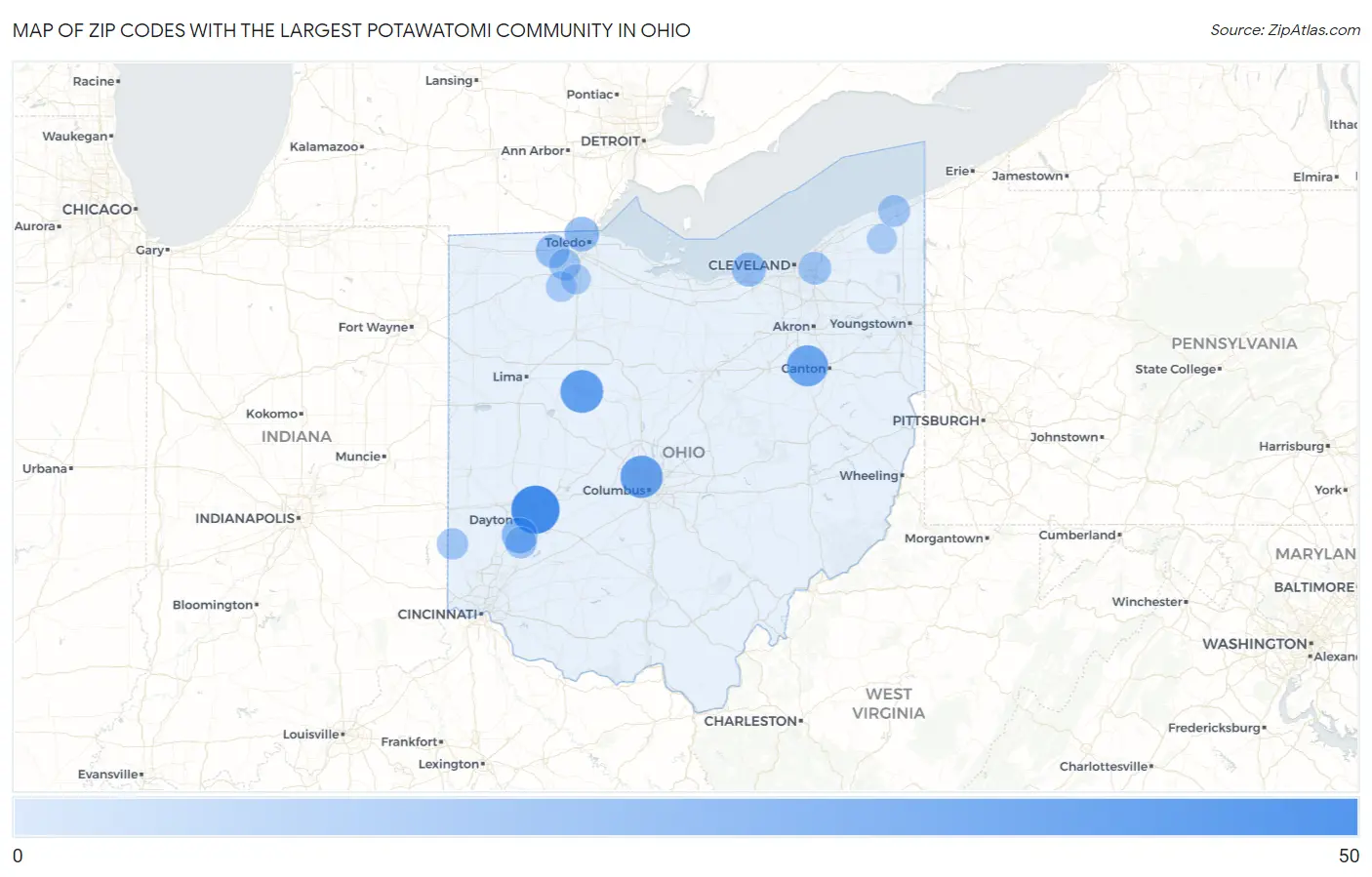 Zip Codes with the Largest Potawatomi Community in Ohio Map