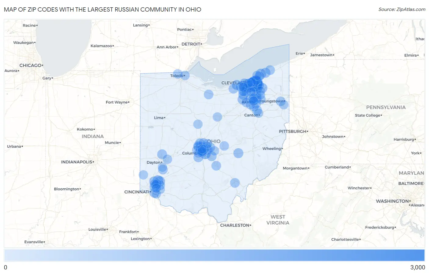 Zip Codes with the Largest Russian Community in Ohio Map