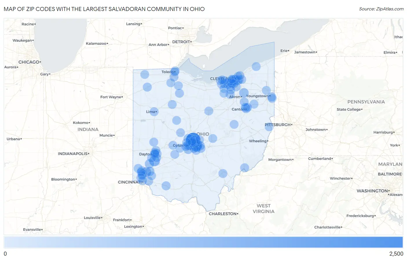 Zip Codes with the Largest Salvadoran Community in Ohio Map