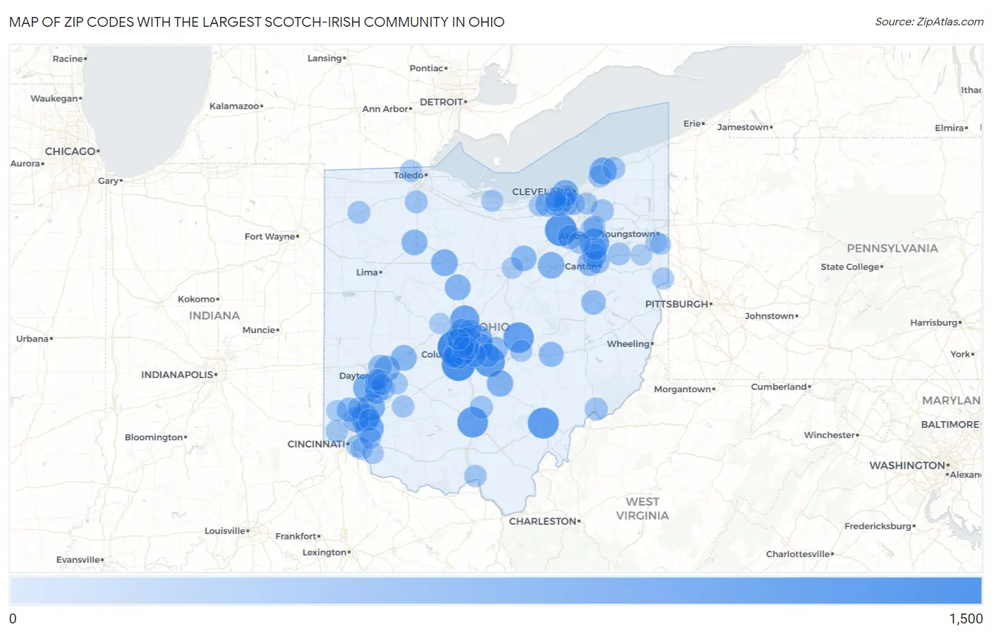 Zip Codes with the Largest Scotch-Irish Community in Ohio Map