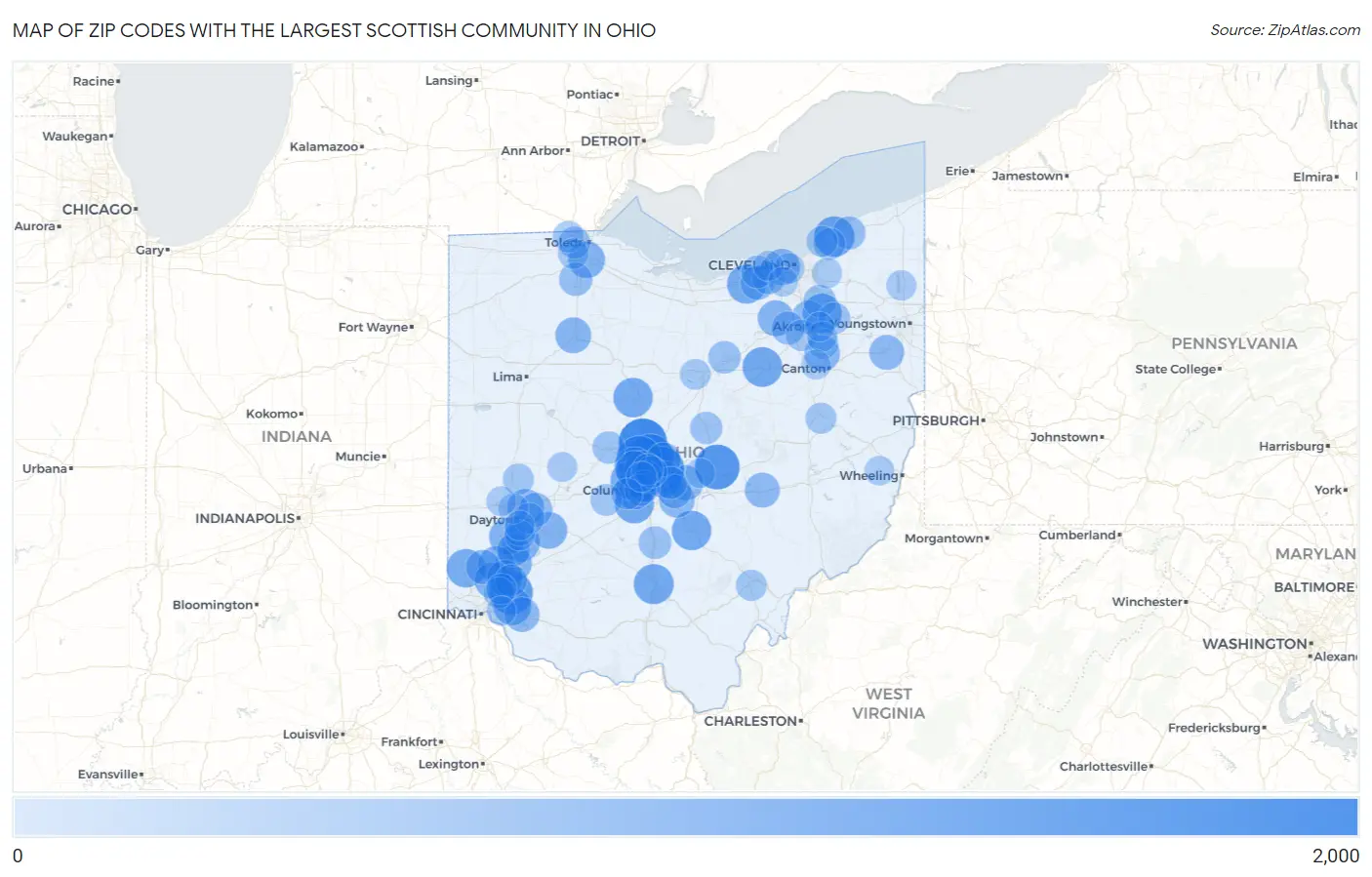 Zip Codes with the Largest Scottish Community in Ohio Map