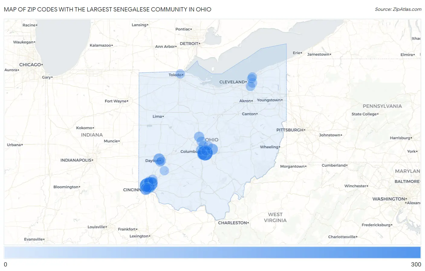 Zip Codes with the Largest Senegalese Community in Ohio Map