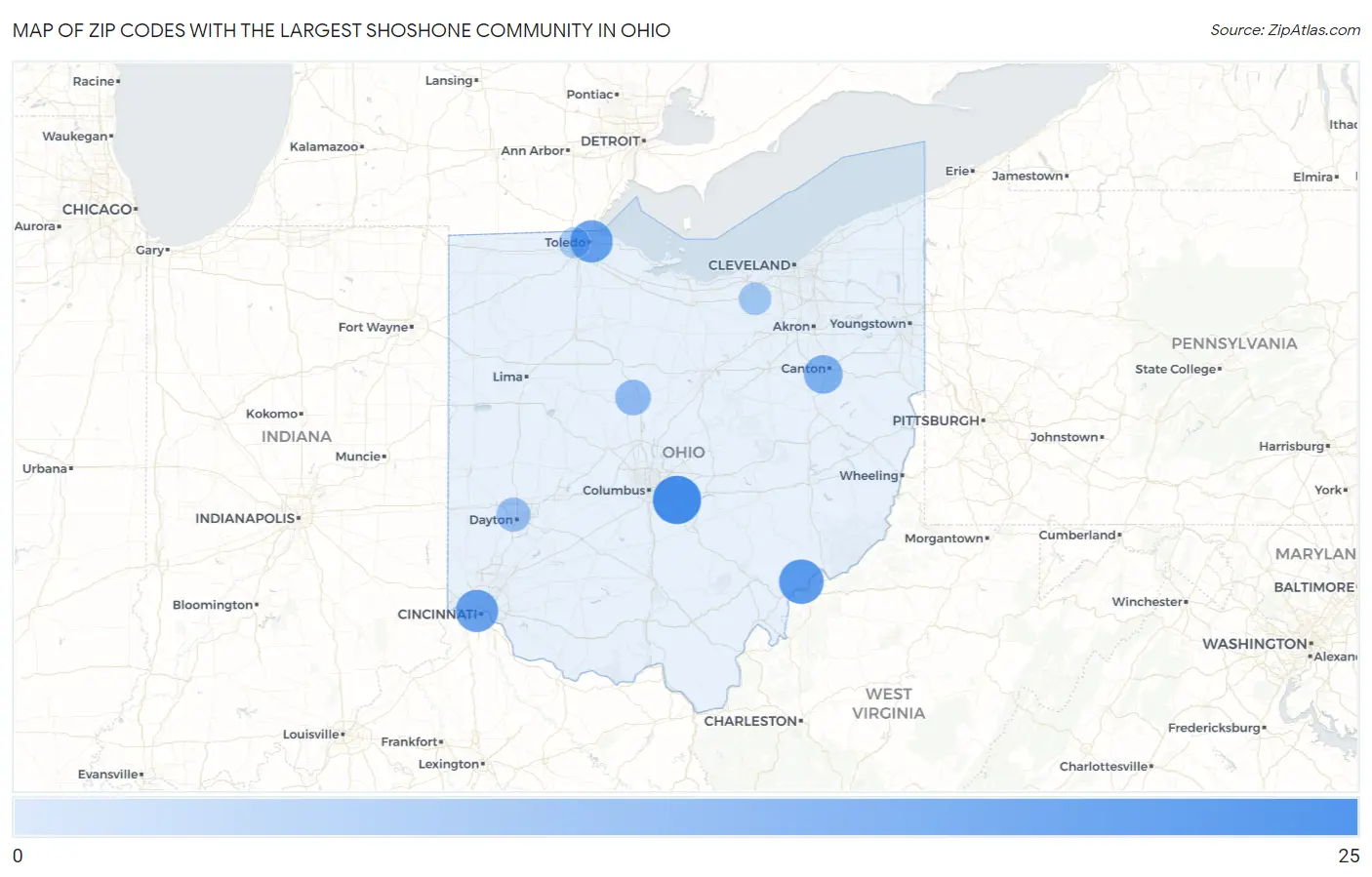 Zip Codes with the Largest Shoshone Community in Ohio Map