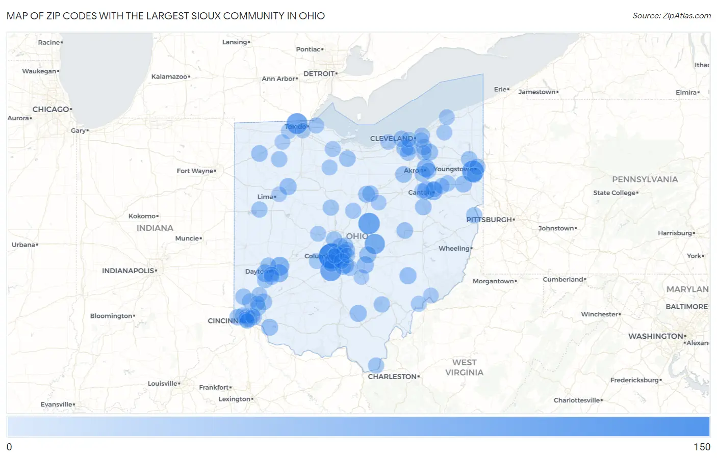 Zip Codes with the Largest Sioux Community in Ohio Map