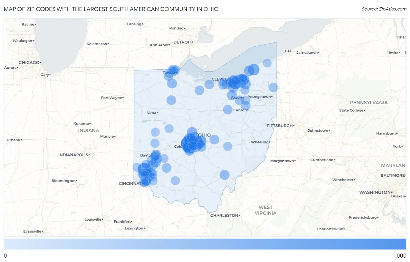 Zip Codes with the Largest South American Community in Ohio Map