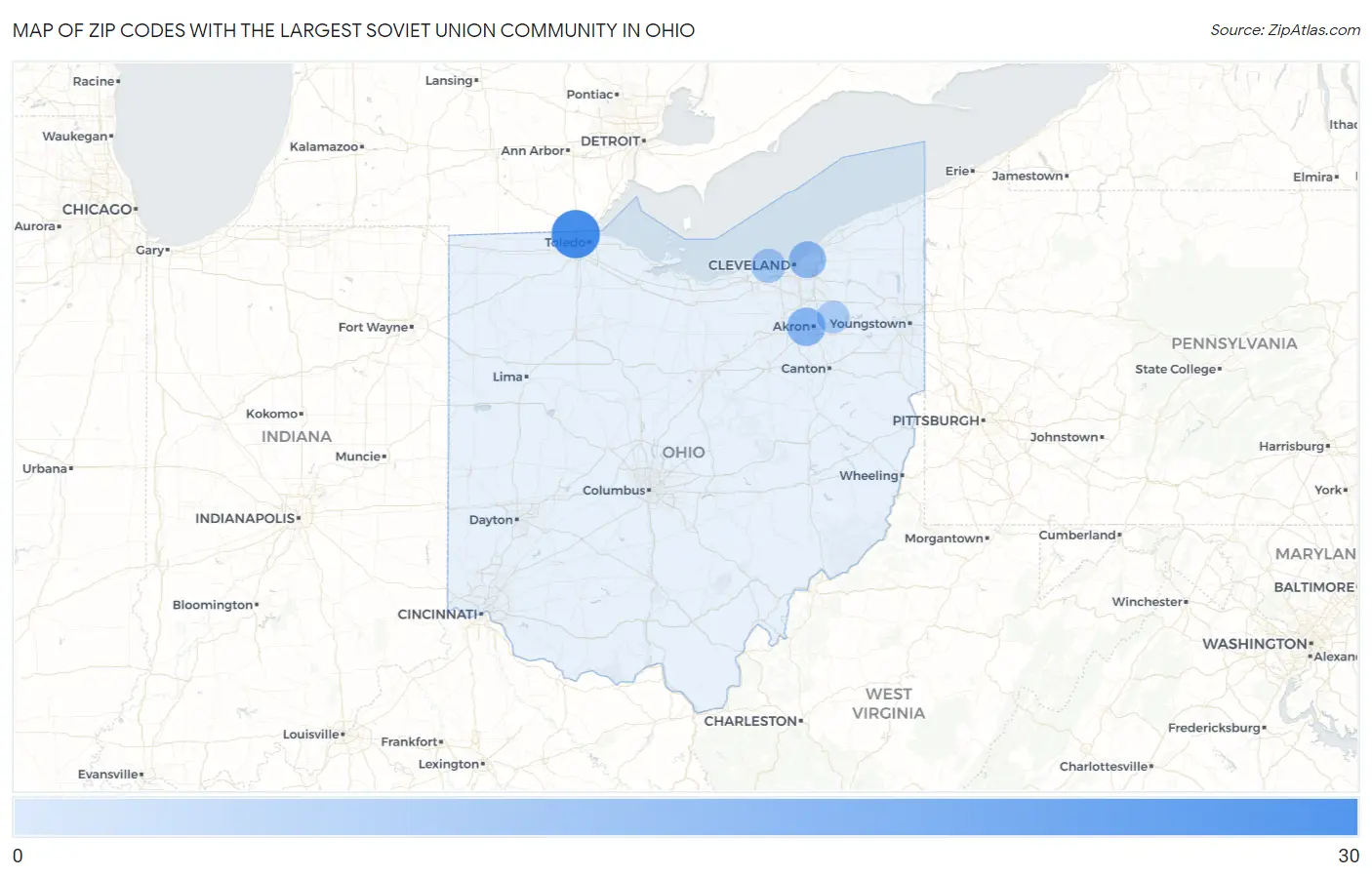 Zip Codes with the Largest Soviet Union Community in Ohio Map
