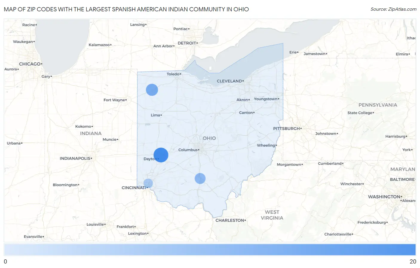 Zip Codes with the Largest Spanish American Indian Community in Ohio Map