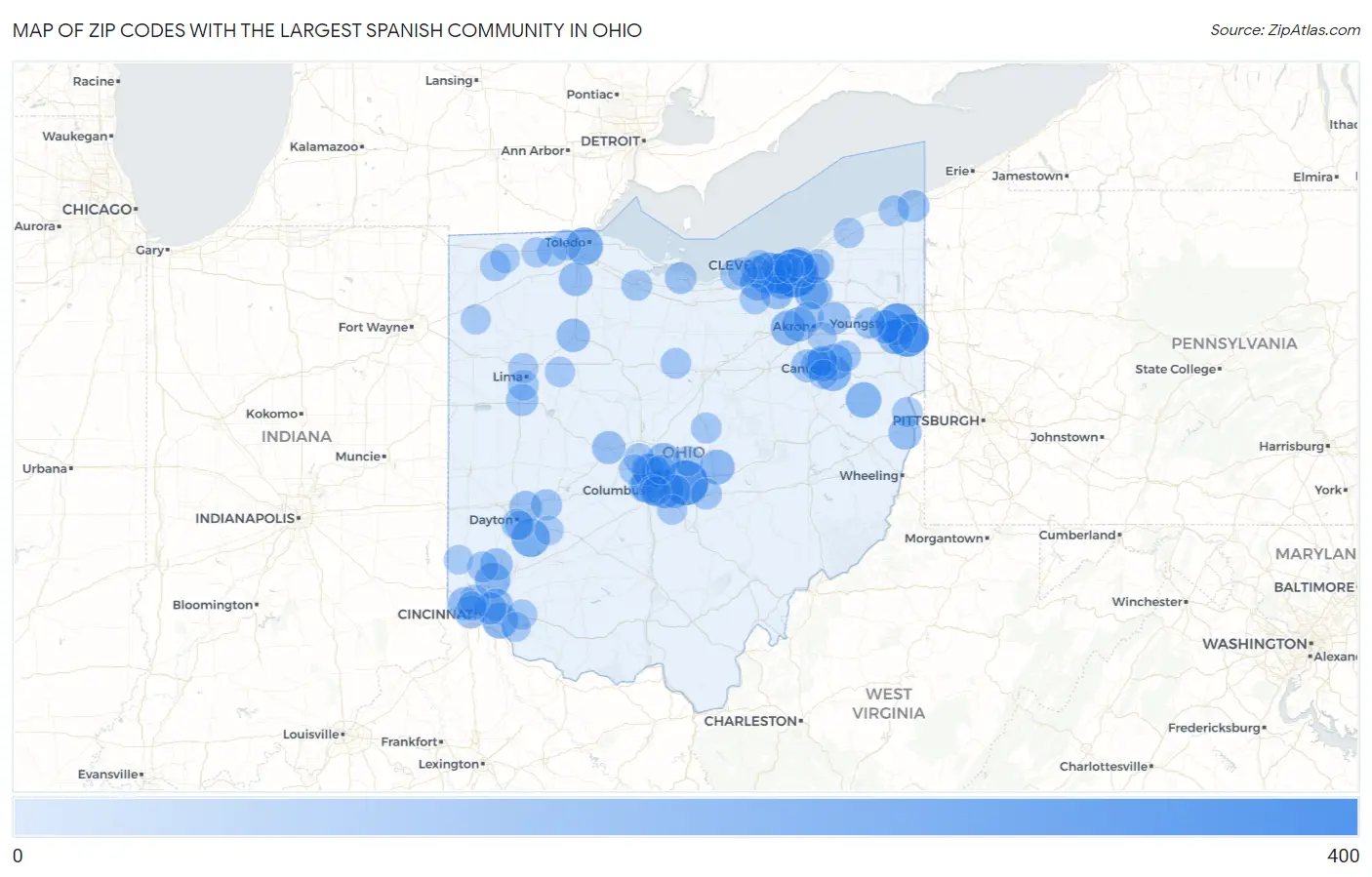 Zip Codes with the Largest Spanish Community in Ohio Map