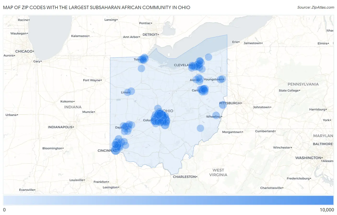 Zip Codes with the Largest Subsaharan African Community in Ohio Map