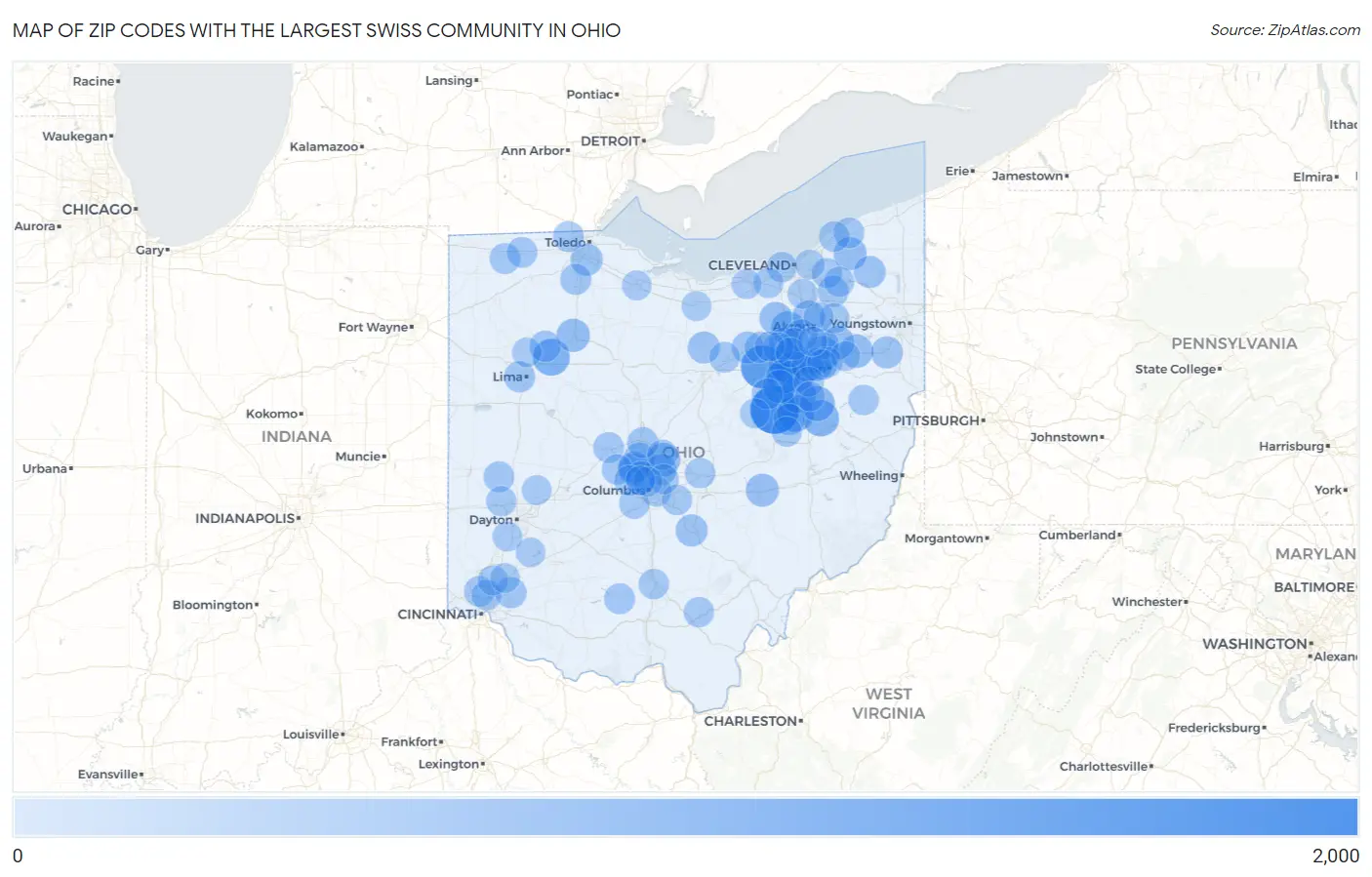 Zip Codes with the Largest Swiss Community in Ohio Map