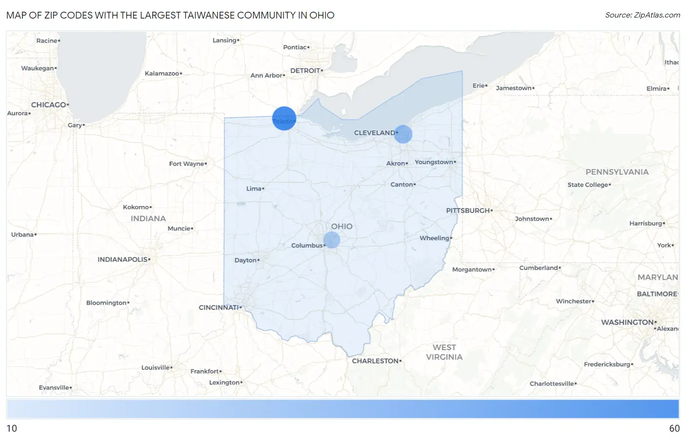 Zip Codes with the Largest Taiwanese Community in Ohio Map