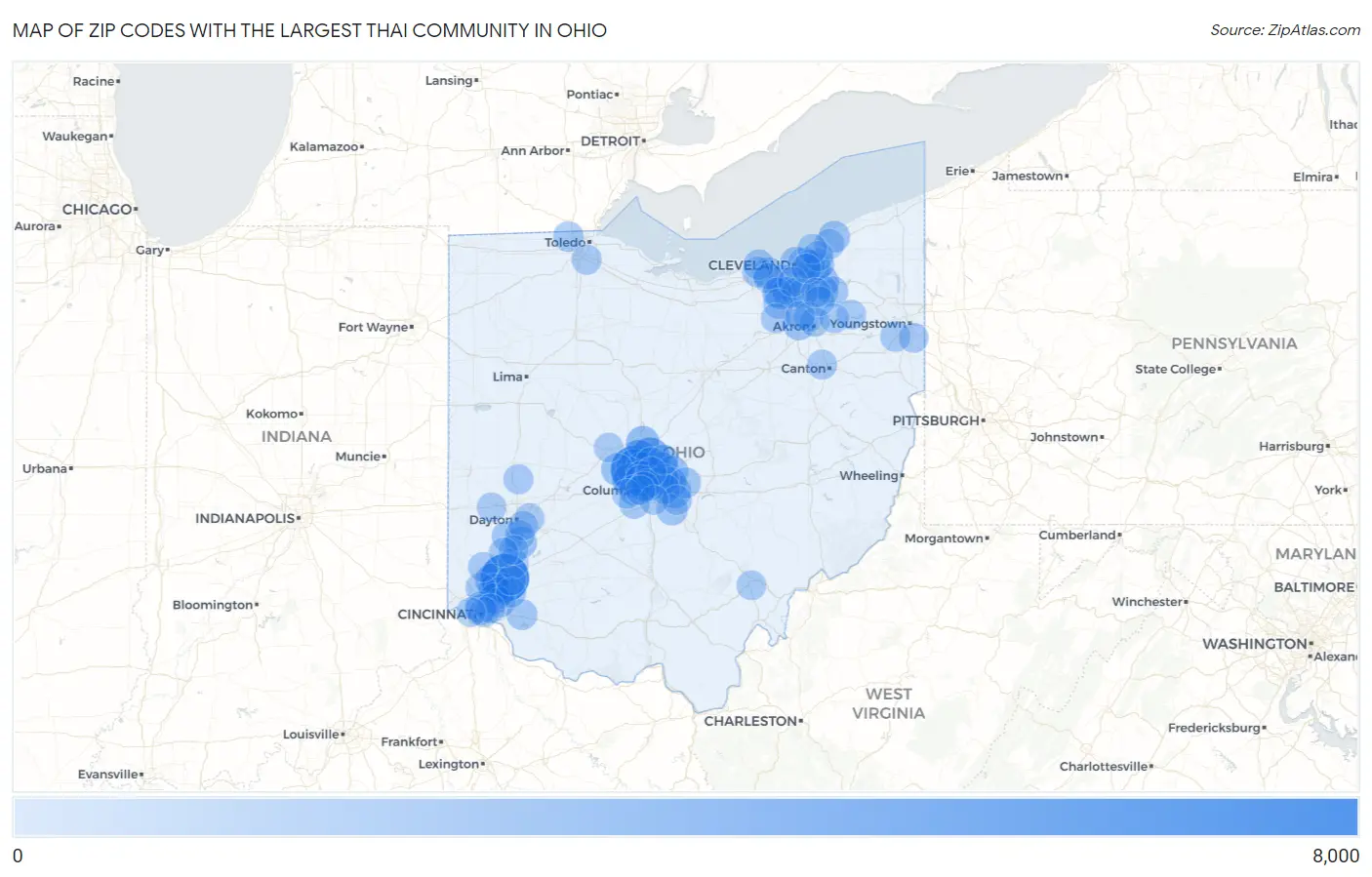 Zip Codes with the Largest Thai Community in Ohio Map