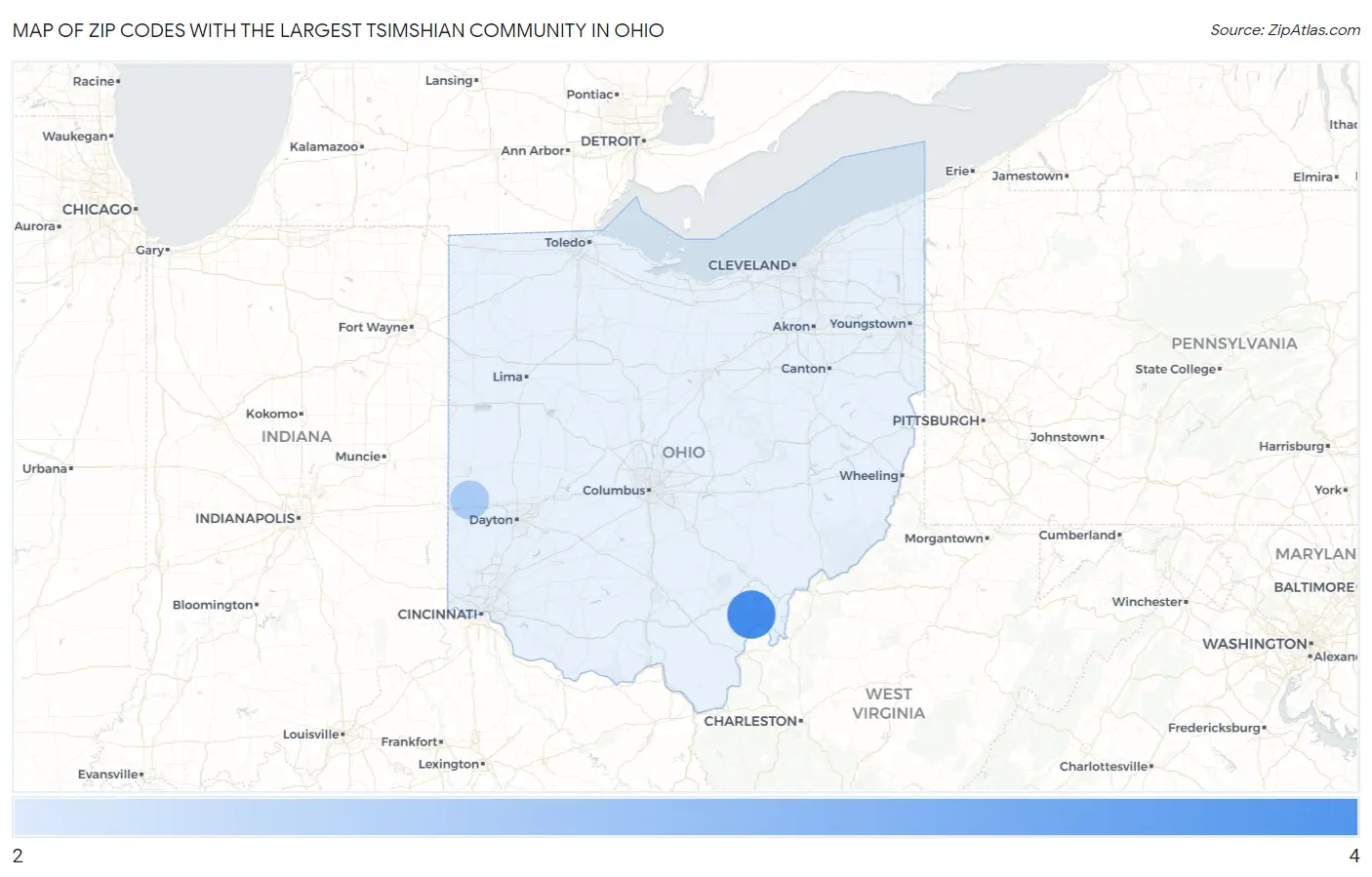 Zip Codes with the Largest Tsimshian Community in Ohio Map