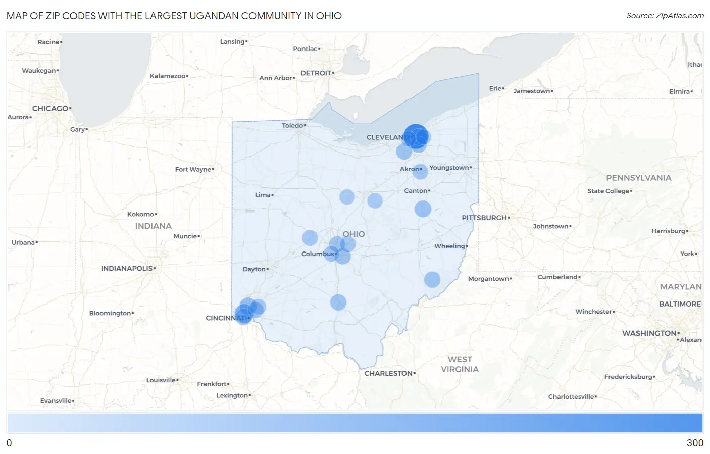 Zip Codes with the Largest Ugandan Community in Ohio Map