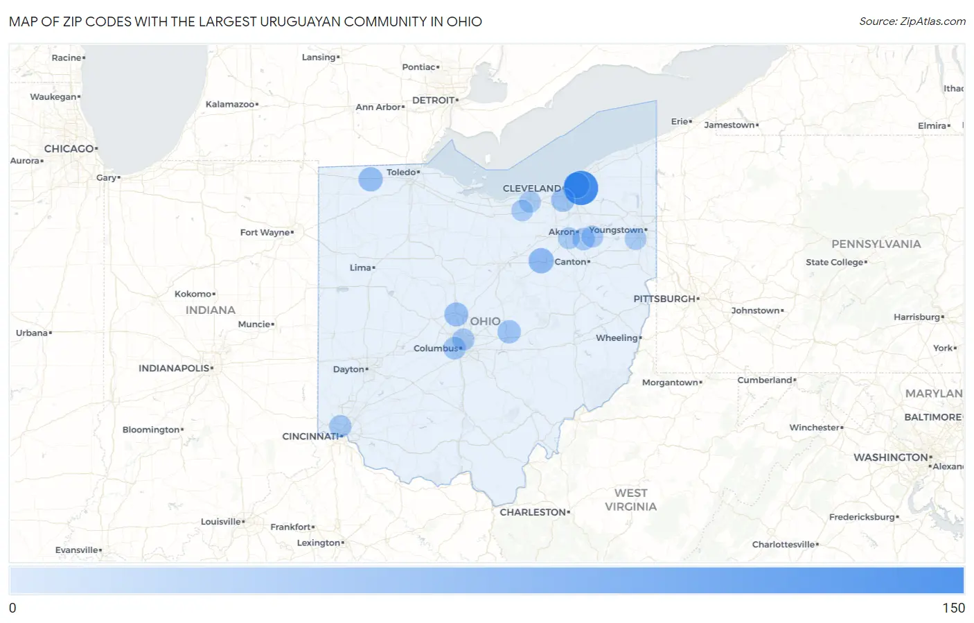 Zip Codes with the Largest Uruguayan Community in Ohio Map