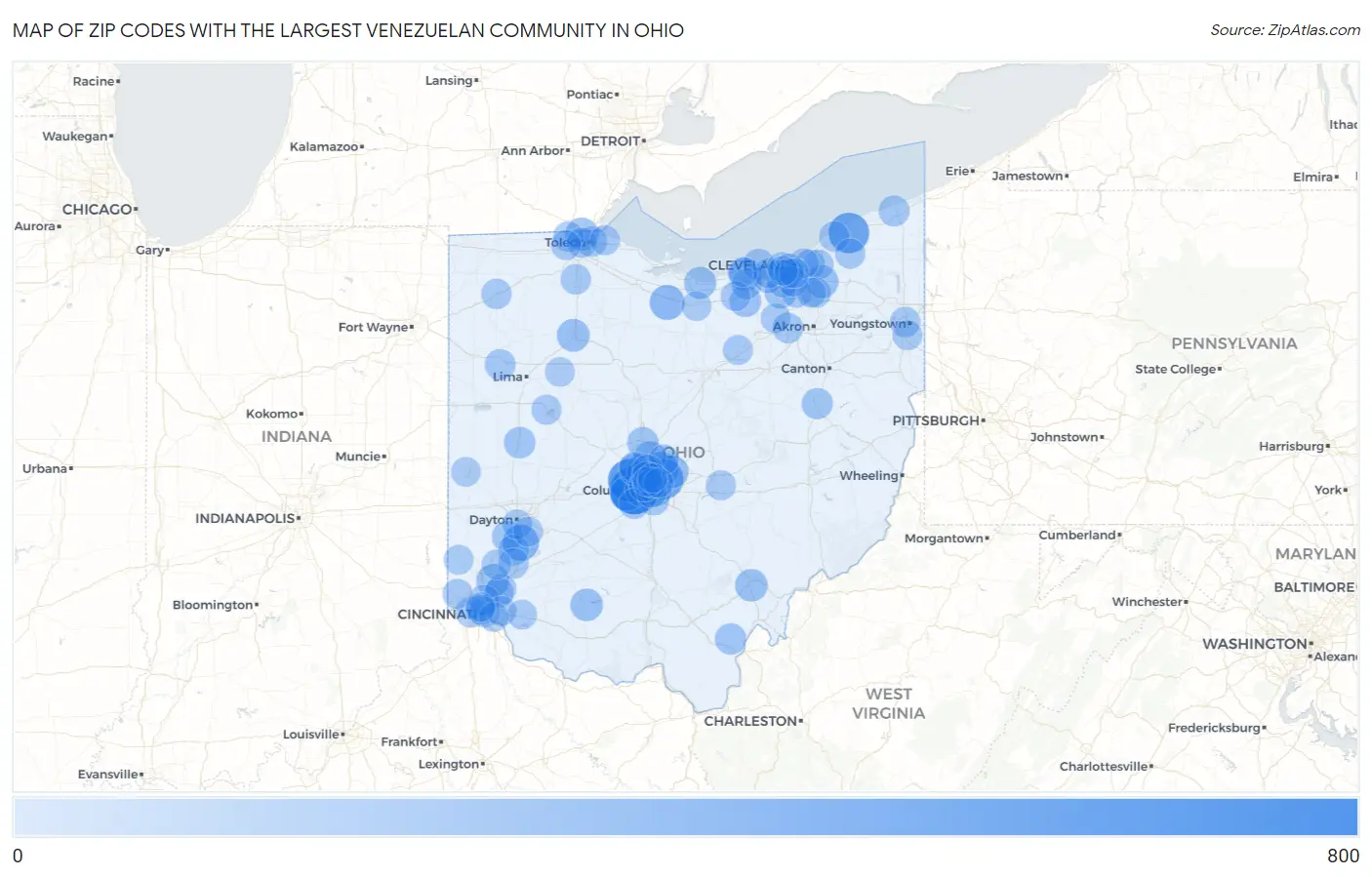 Zip Codes with the Largest Venezuelan Community in Ohio Map