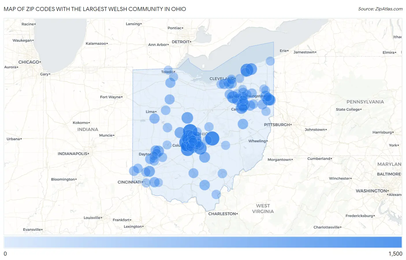 Zip Codes with the Largest Welsh Community in Ohio Map