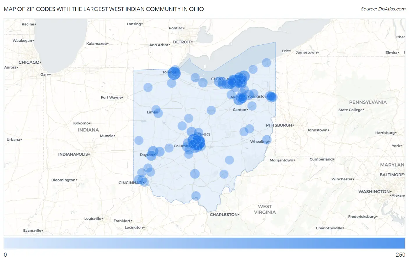 Zip Codes with the Largest West Indian Community in Ohio Map