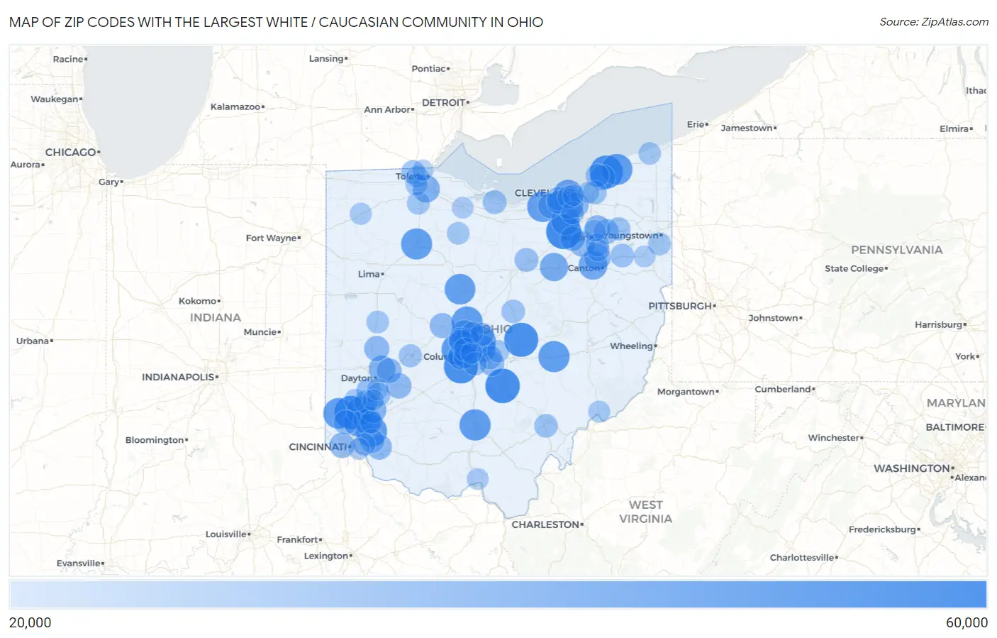 Zip Codes with the Largest White / Caucasian Community in Ohio Map