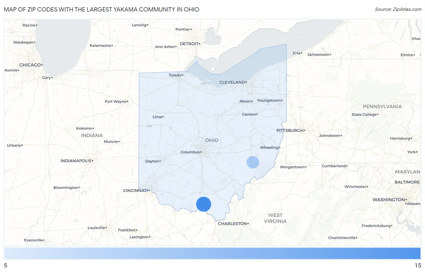 Zip Codes with the Largest Yakama Community in Ohio Map