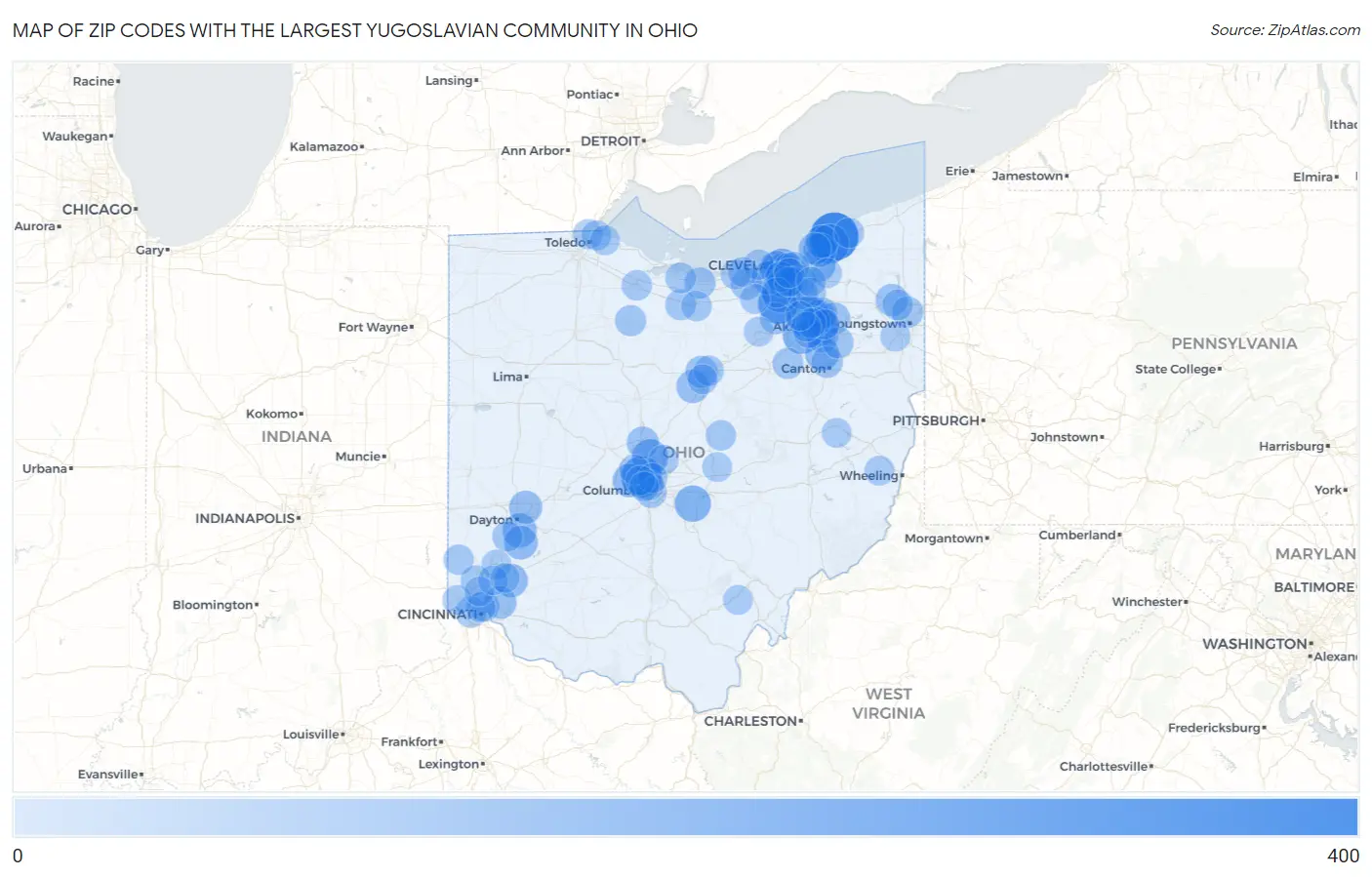 Zip Codes with the Largest Yugoslavian Community in Ohio Map
