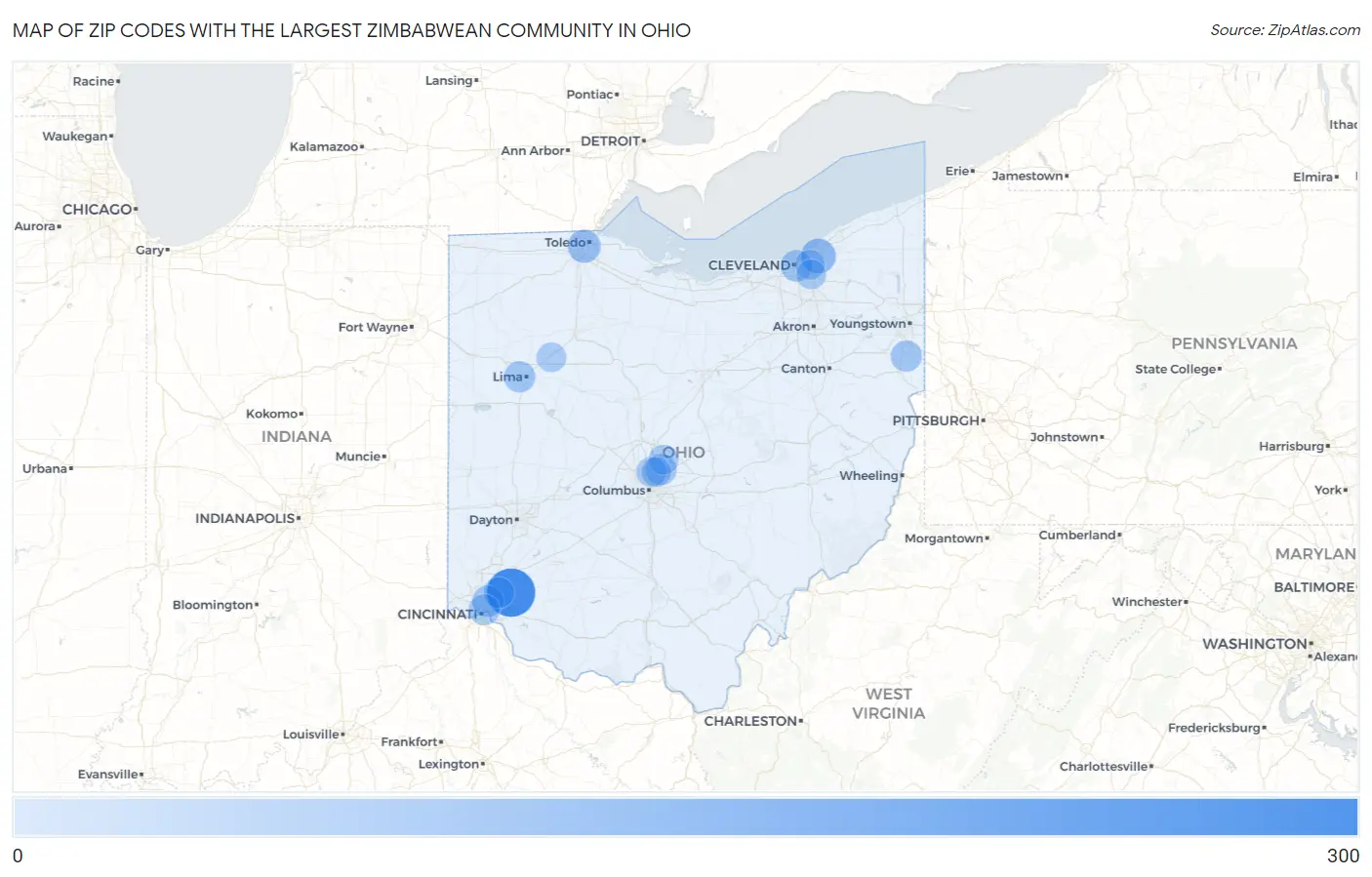 Zip Codes with the Largest Zimbabwean Community in Ohio Map