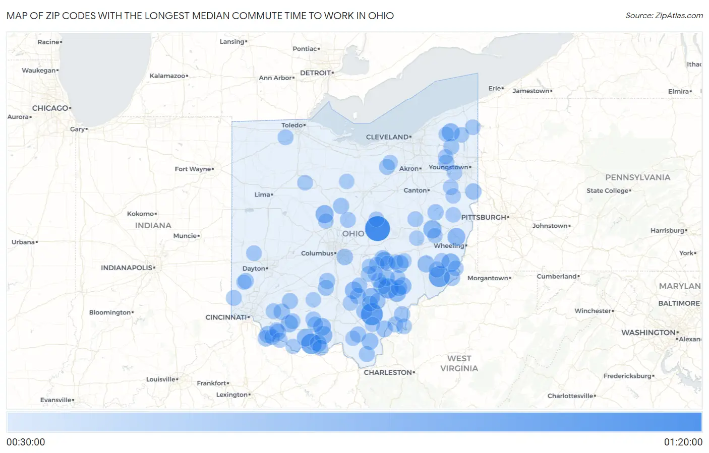 Zip Codes with the Longest Median Commute Time to Work in Ohio Map