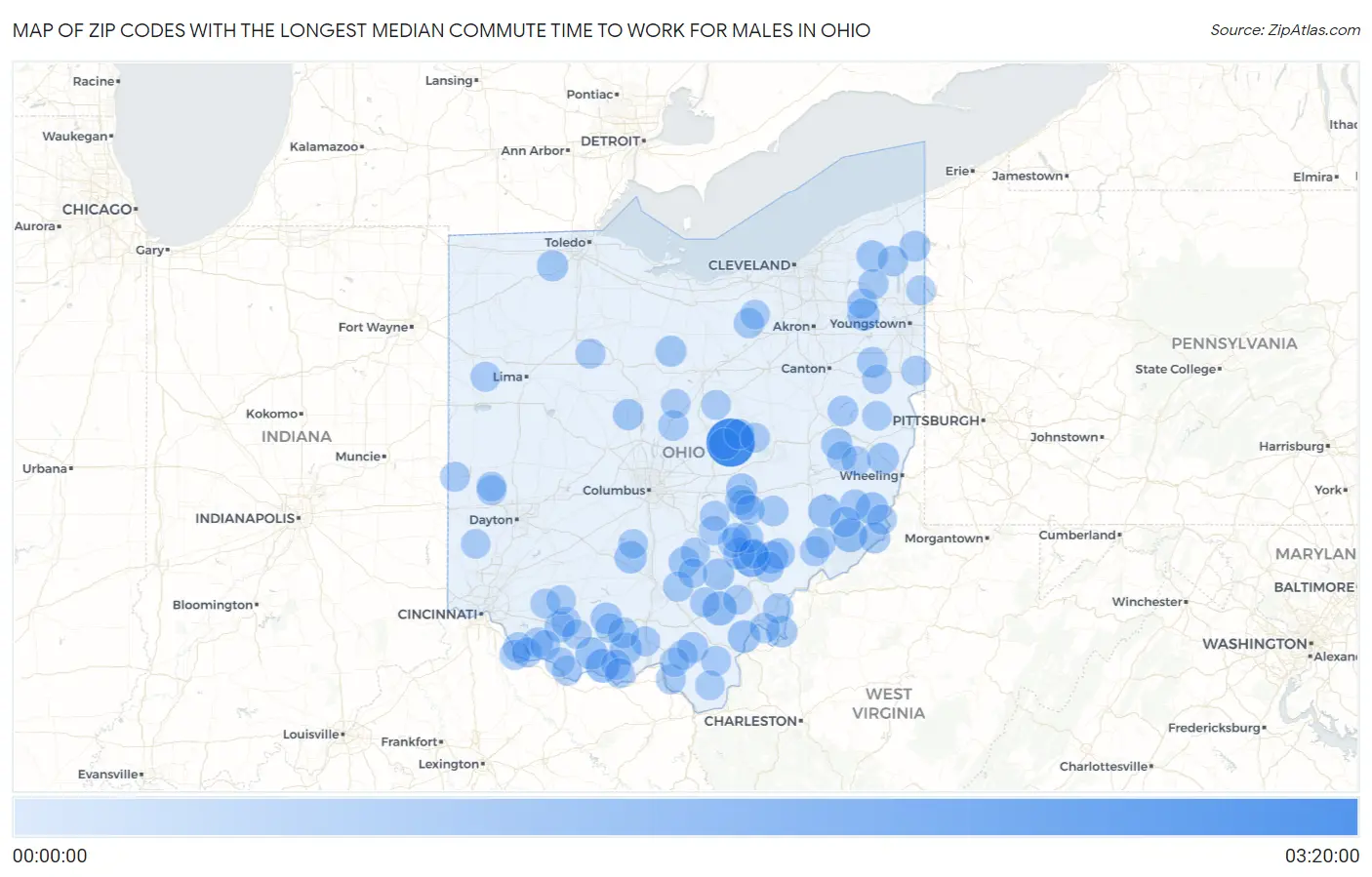 Zip Codes with the Longest Median Commute Time to Work for Males in Ohio Map