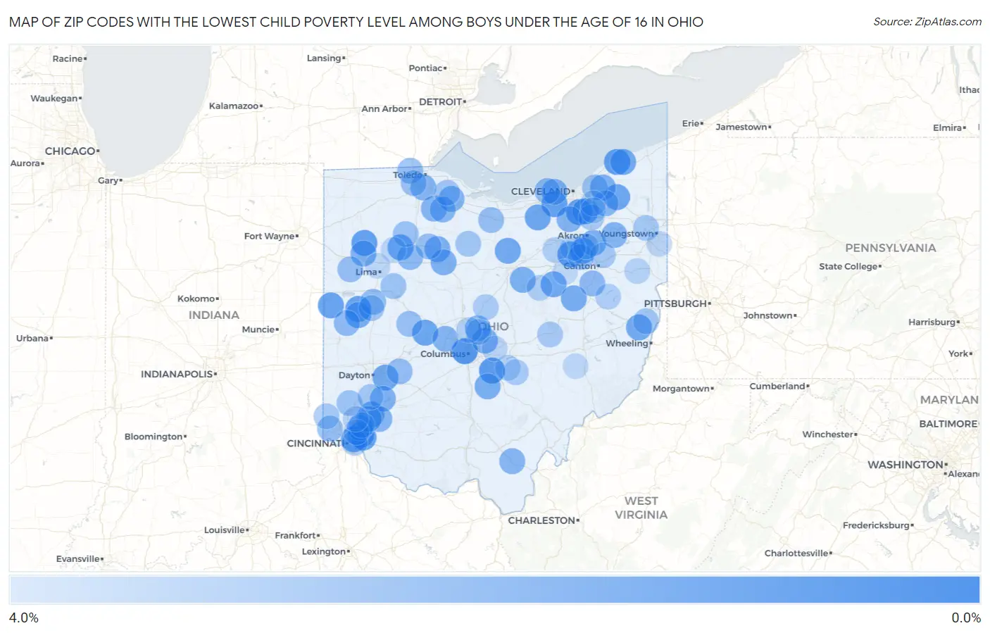 Zip Codes with the Lowest Child Poverty Level Among Boys Under the Age of 16 in Ohio Map