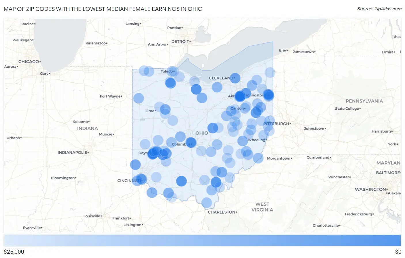 Zip Codes with the Lowest Median Female Earnings in Ohio Map