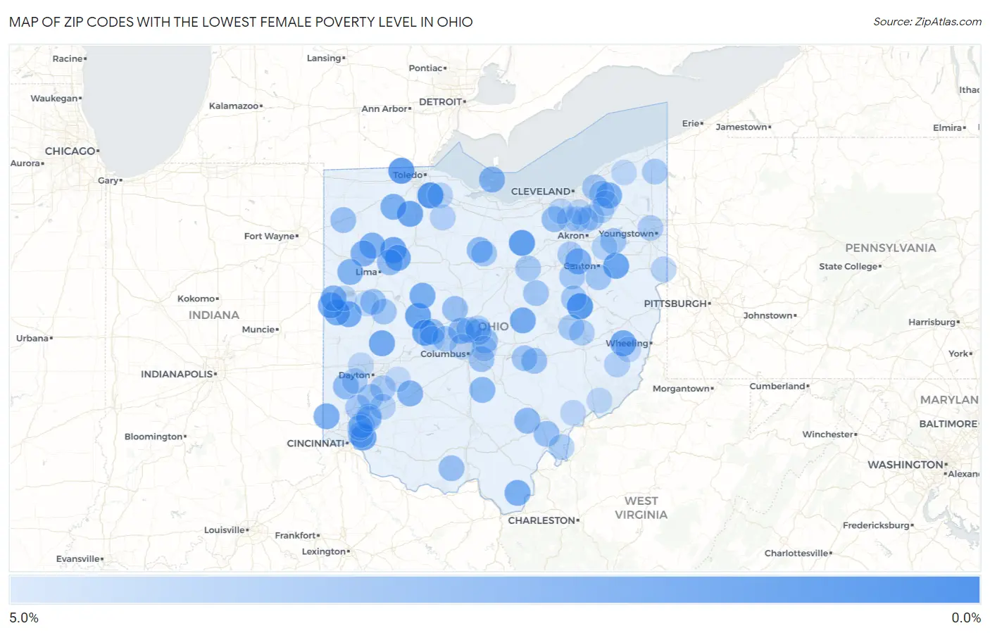 Zip Codes with the Lowest Female Poverty Level in Ohio Map