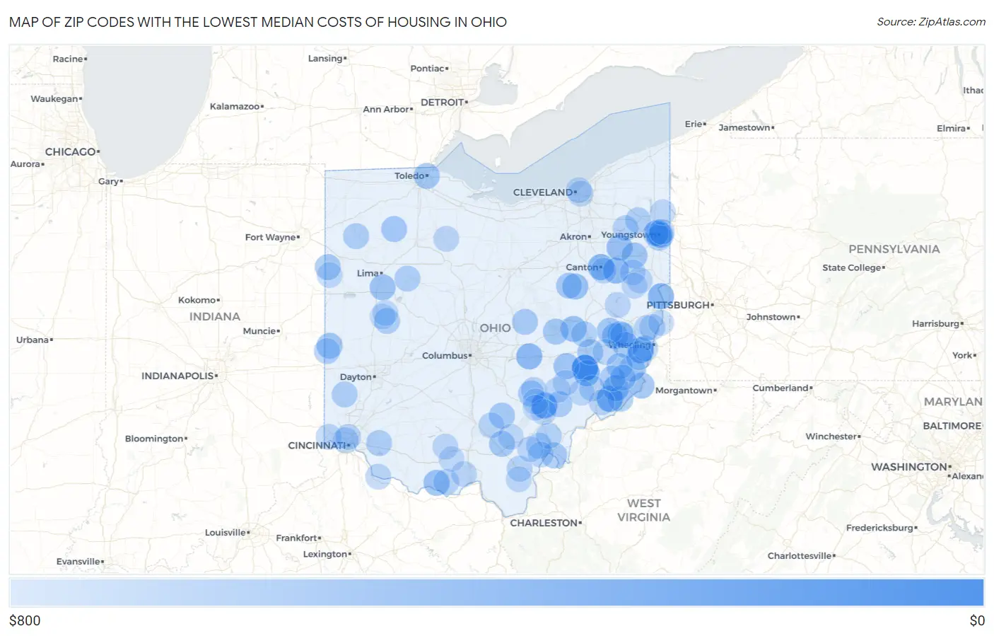 Zip Codes with the Lowest Median Costs of Housing in Ohio Map