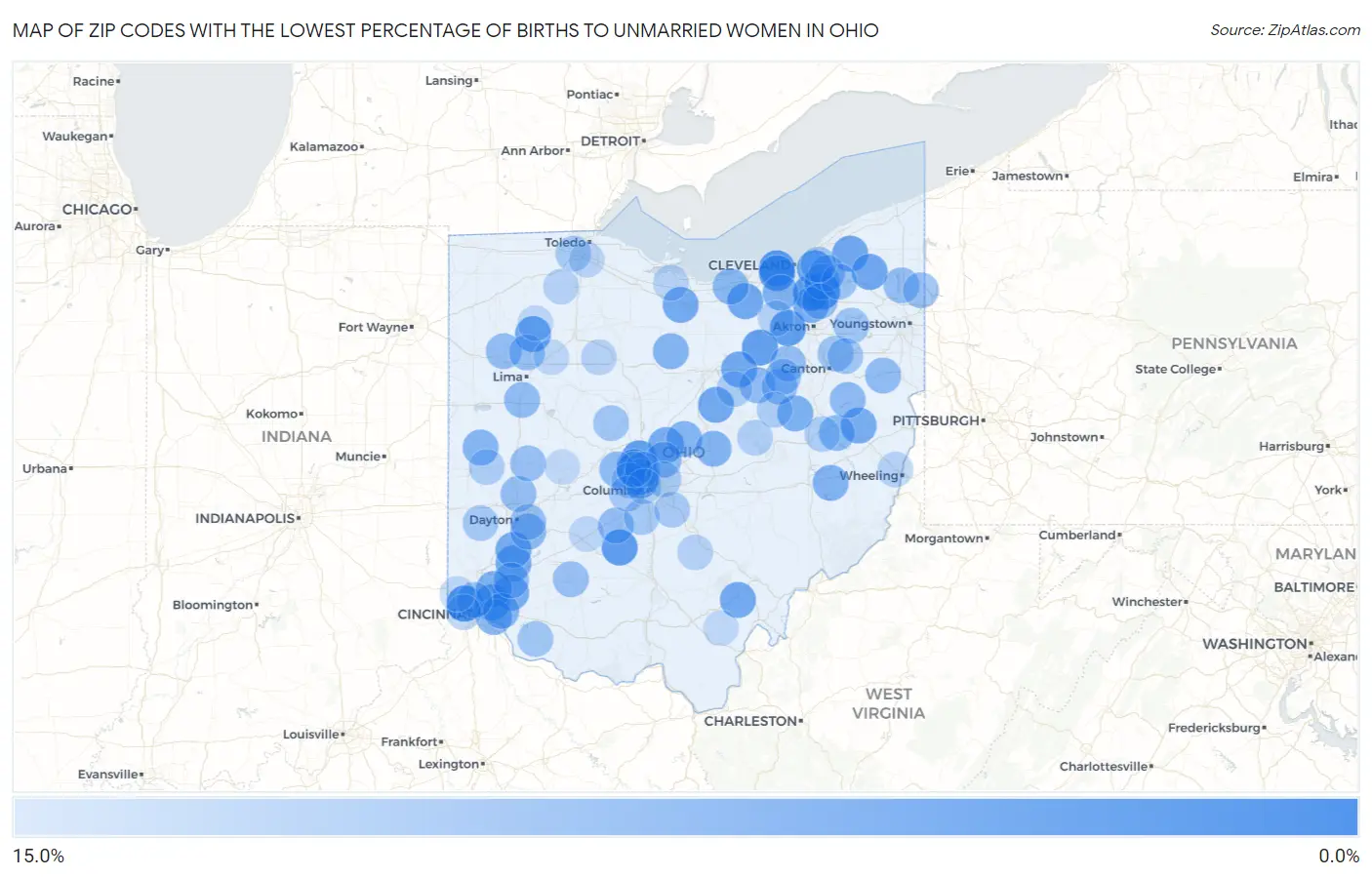 Zip Codes with the Lowest Percentage of Births to Unmarried Women in Ohio Map