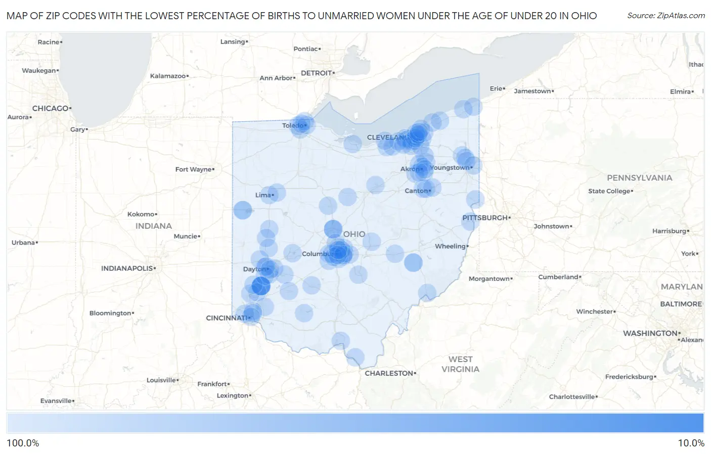 Zip Codes with the Lowest Percentage of Births to Unmarried Women under the Age of under 20 in Ohio Map