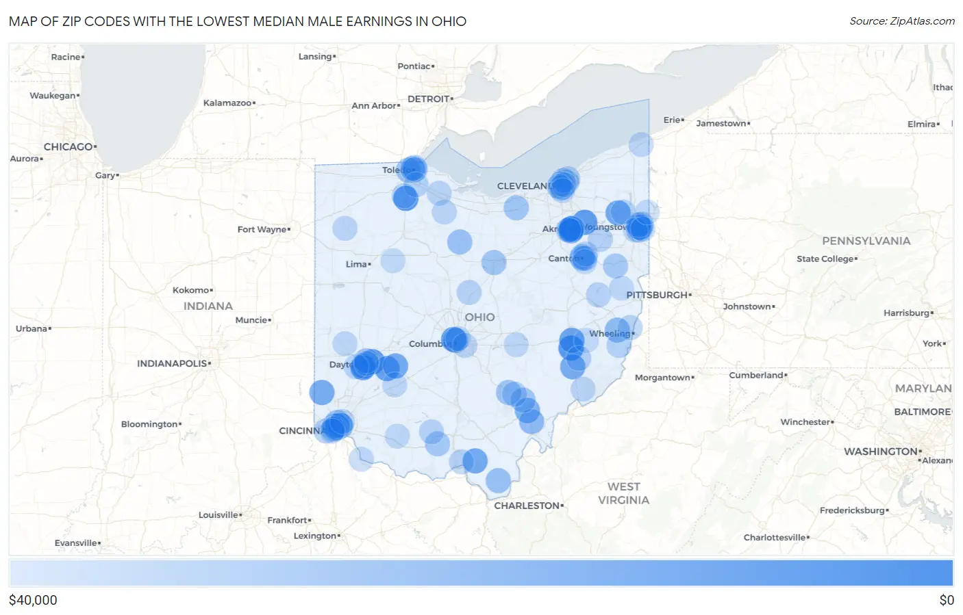 Zip Codes with the Lowest Median Male Earnings in Ohio Map