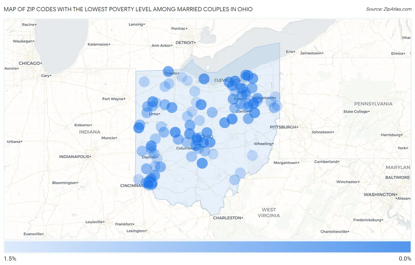 Zip Codes with the Lowest Poverty Level Among Married Couples in Ohio Map