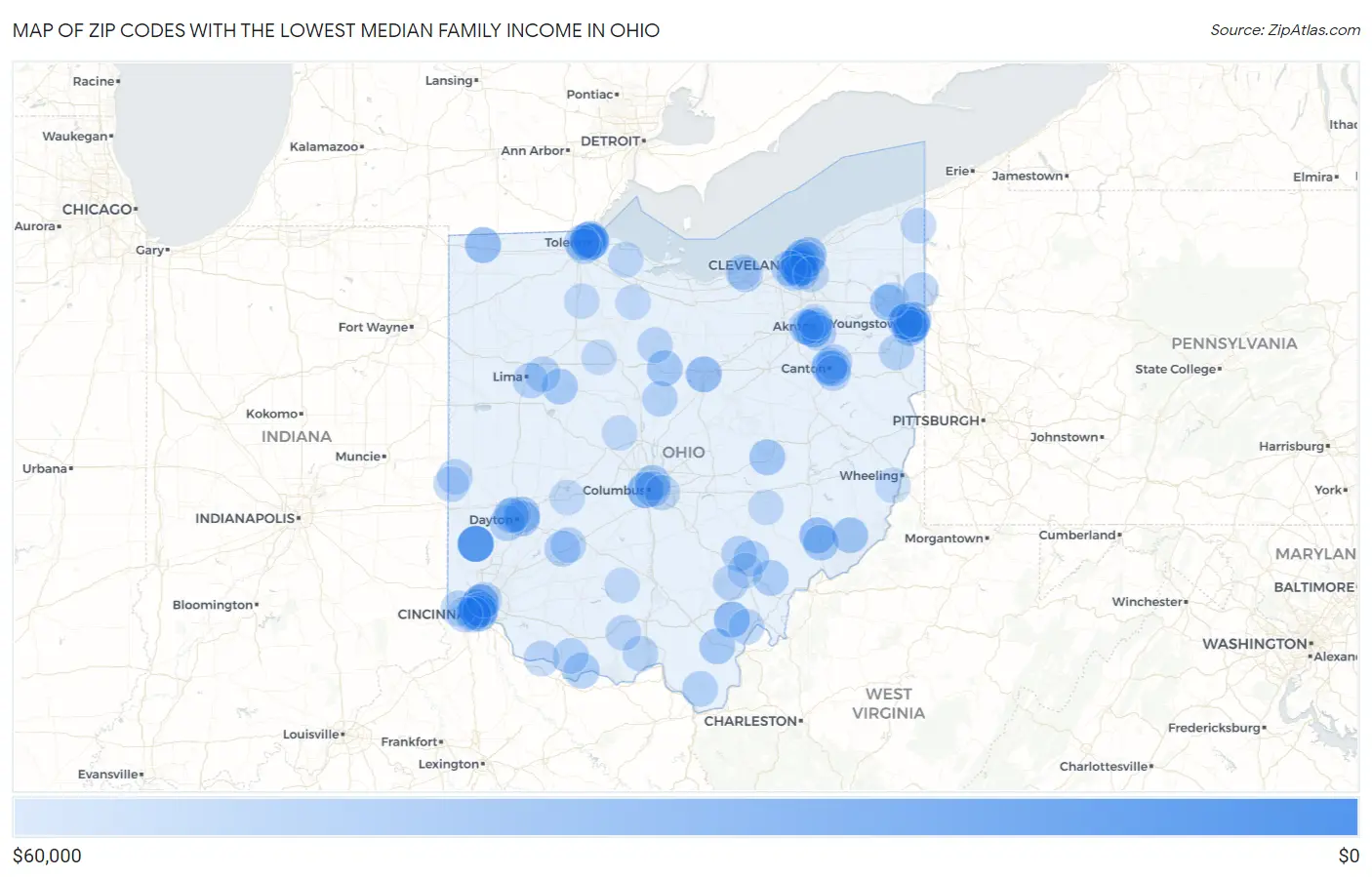 Zip Codes with the Lowest Median Family Income in Ohio Map
