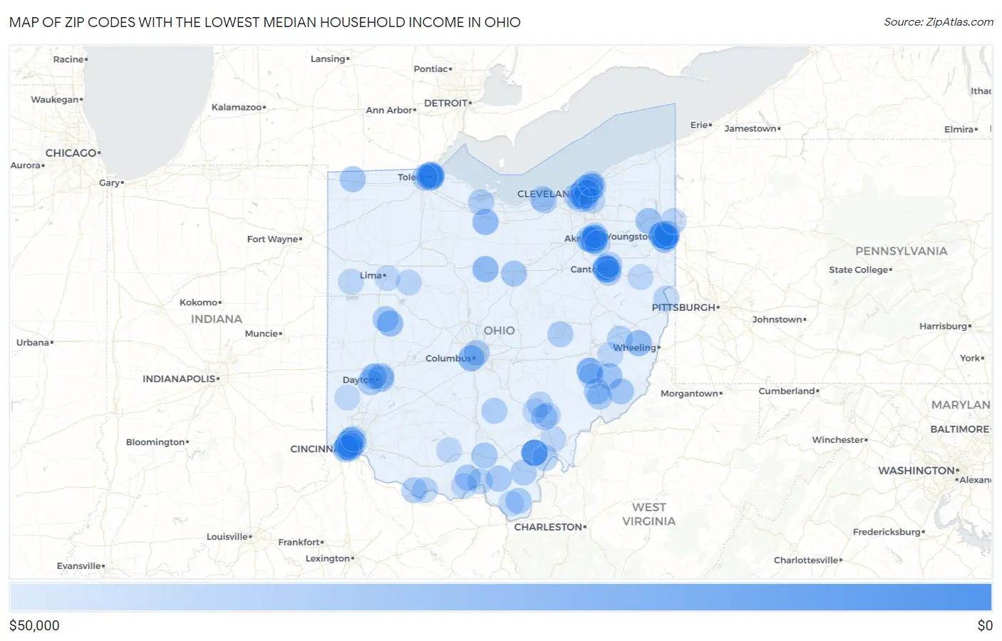 Zip Codes with the Lowest Median Household Income in Ohio Map