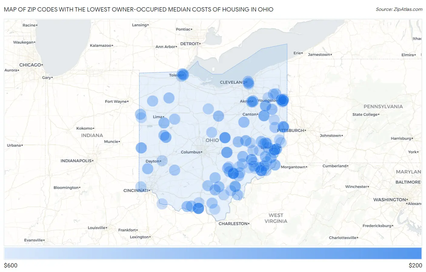 Zip Codes with the Lowest Owner-Occupied Median Costs of Housing in Ohio Map