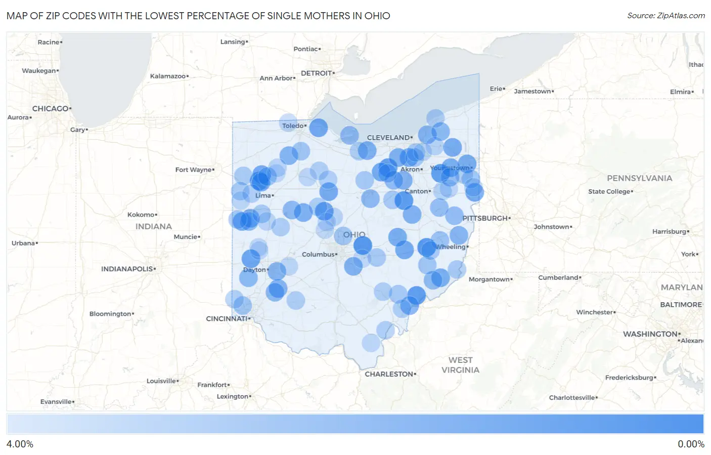 Zip Codes with the Lowest Percentage of Single Mothers in Ohio Map