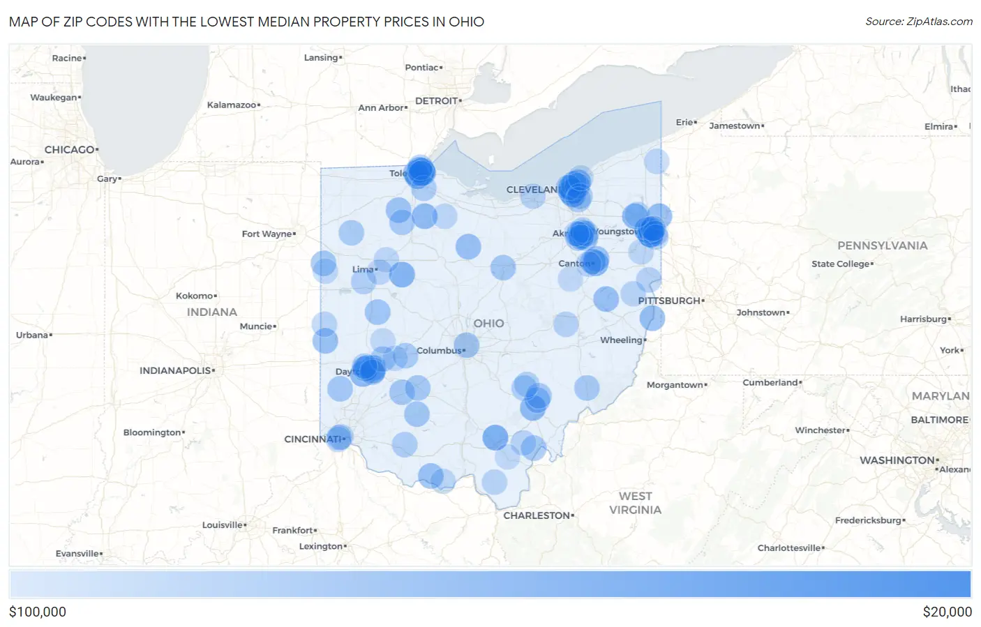 Zip Codes with the Lowest Median Property Prices in Ohio Map