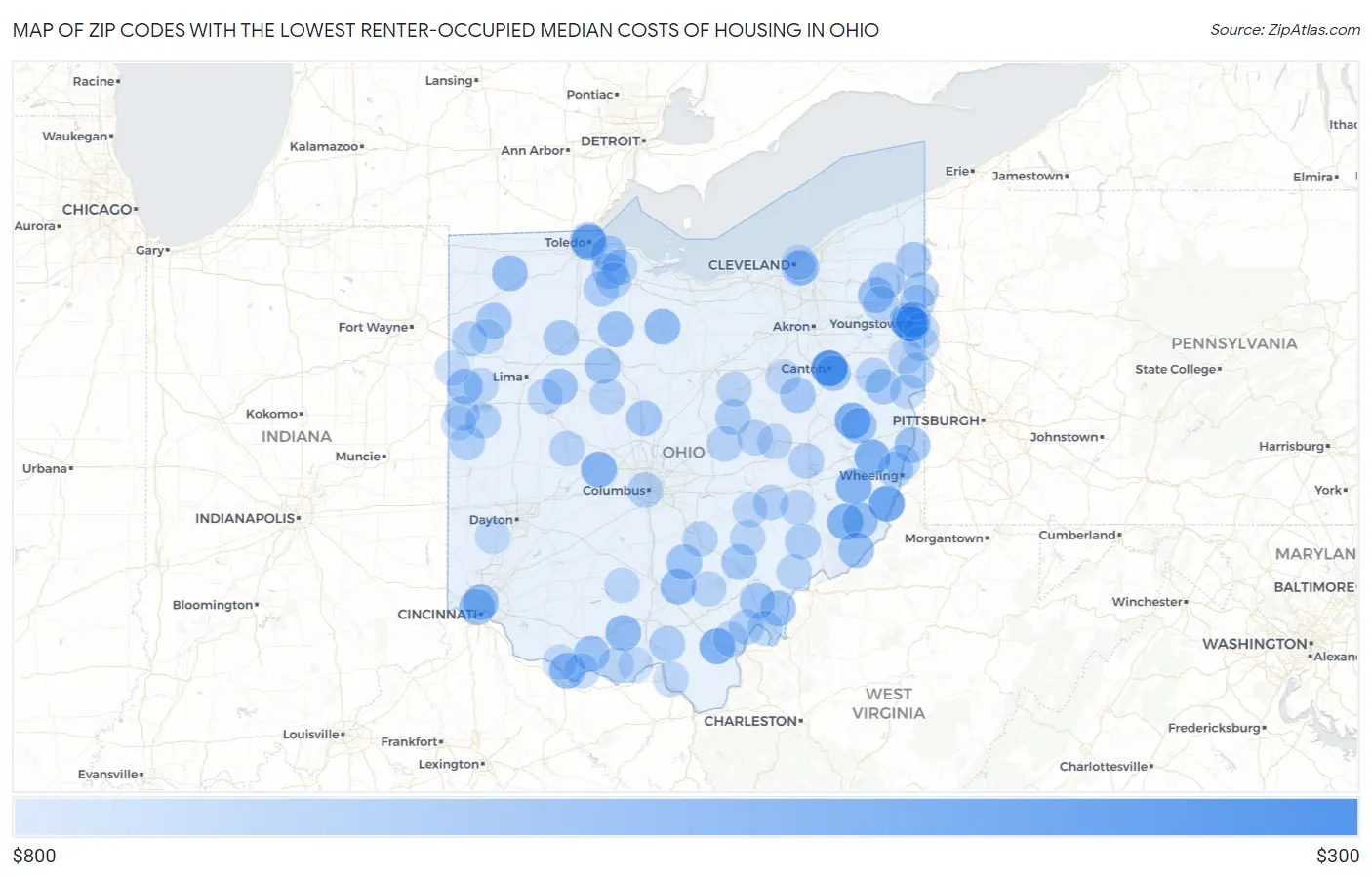 Zip Codes with the Lowest Renter-Occupied Median Costs of Housing in Ohio Map