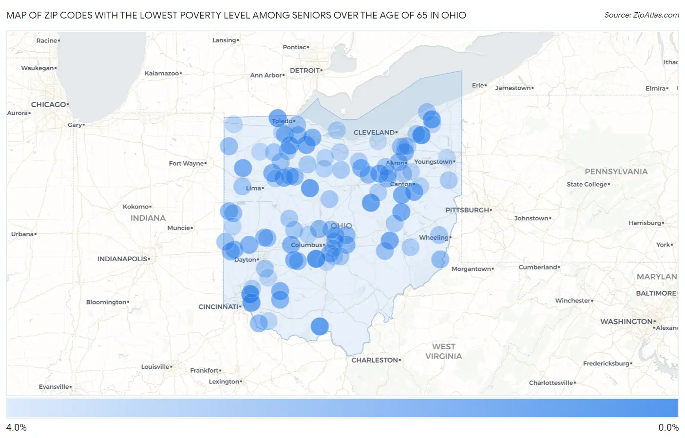 Zip Codes with the Lowest Poverty Level Among Seniors Over the Age of 65 in Ohio Map