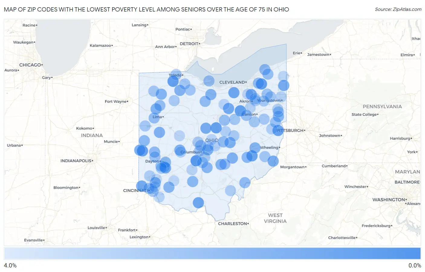 Zip Codes with the Lowest Poverty Level Among Seniors Over the Age of 75 in Ohio Map