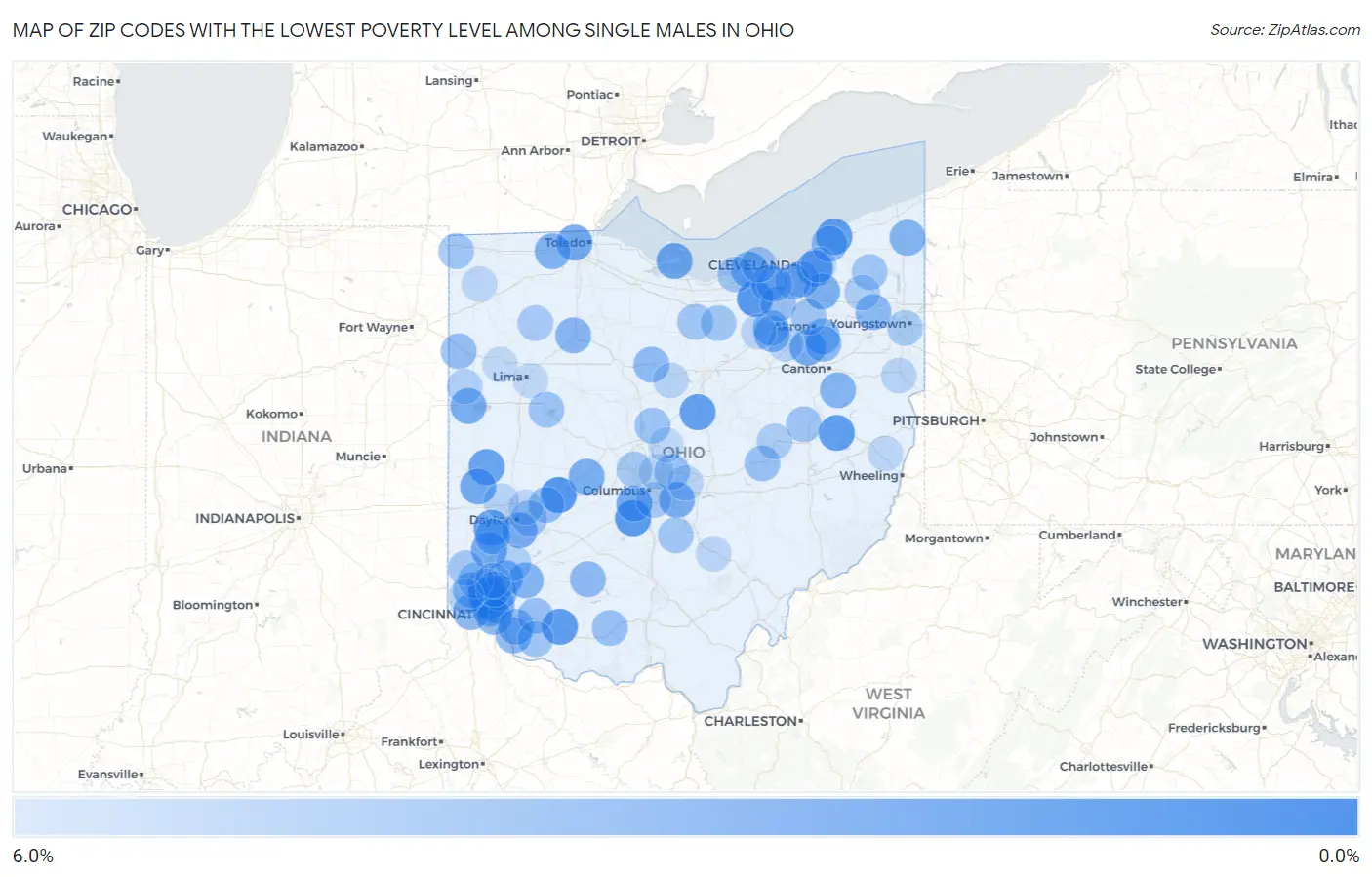 Zip Codes with the Lowest Poverty Level Among Single Males in Ohio Map