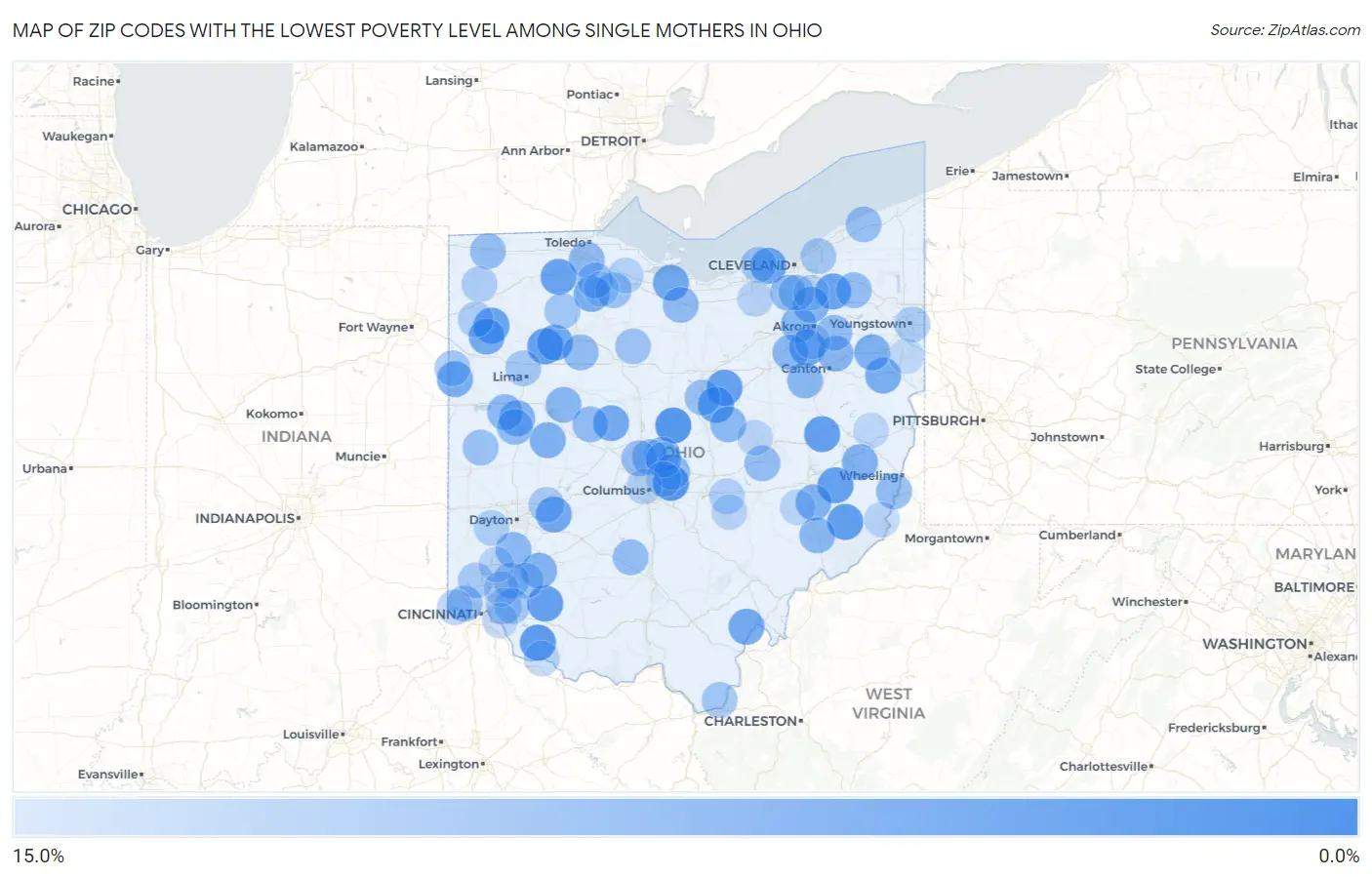 Zip Codes with the Lowest Poverty Level Among Single Mothers in Ohio Map