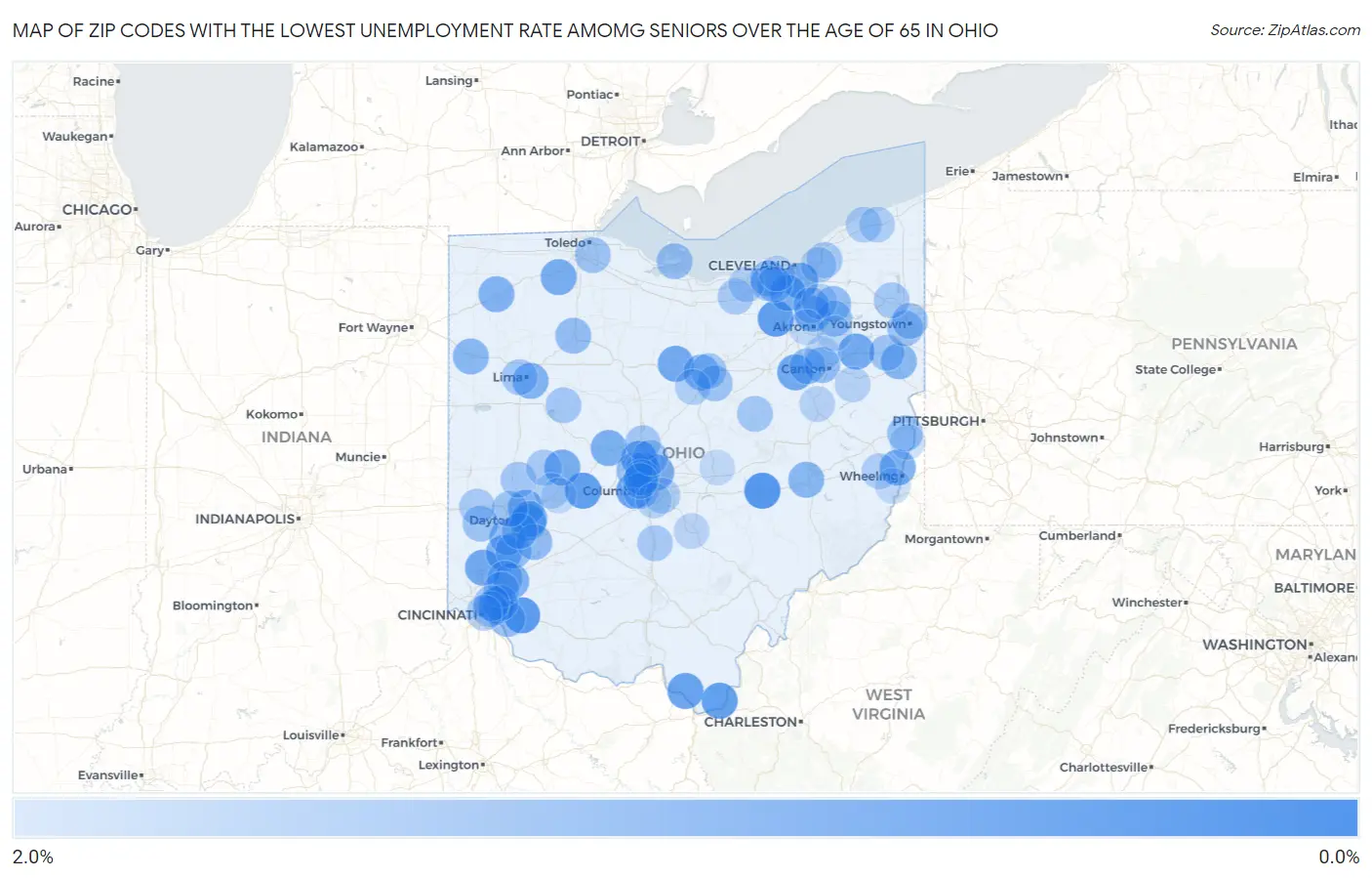 Zip Codes with the Lowest Unemployment Rate Amomg Seniors Over the Age of 65 in Ohio Map
