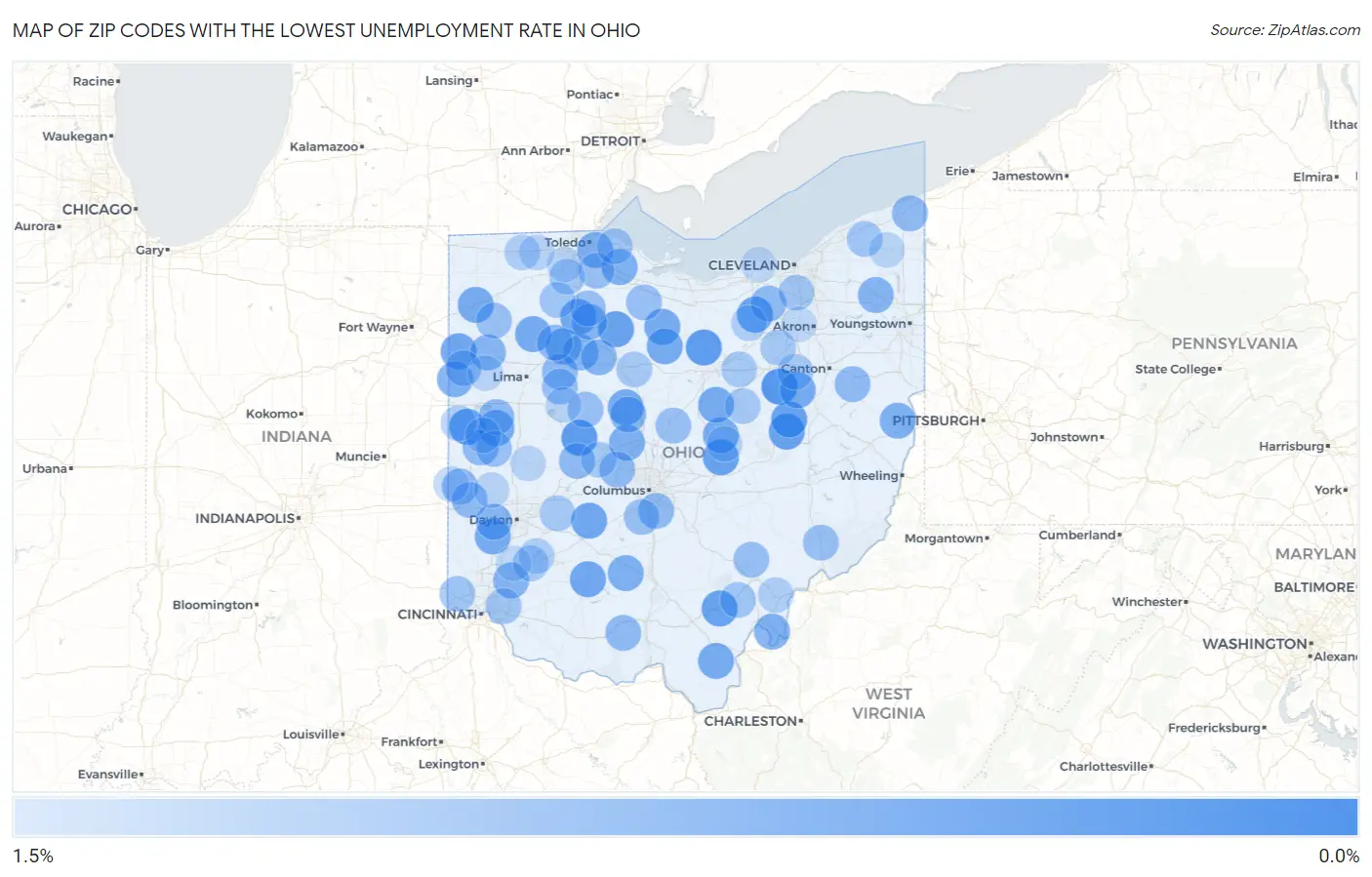 Zip Codes with the Lowest Unemployment Rate in Ohio Map