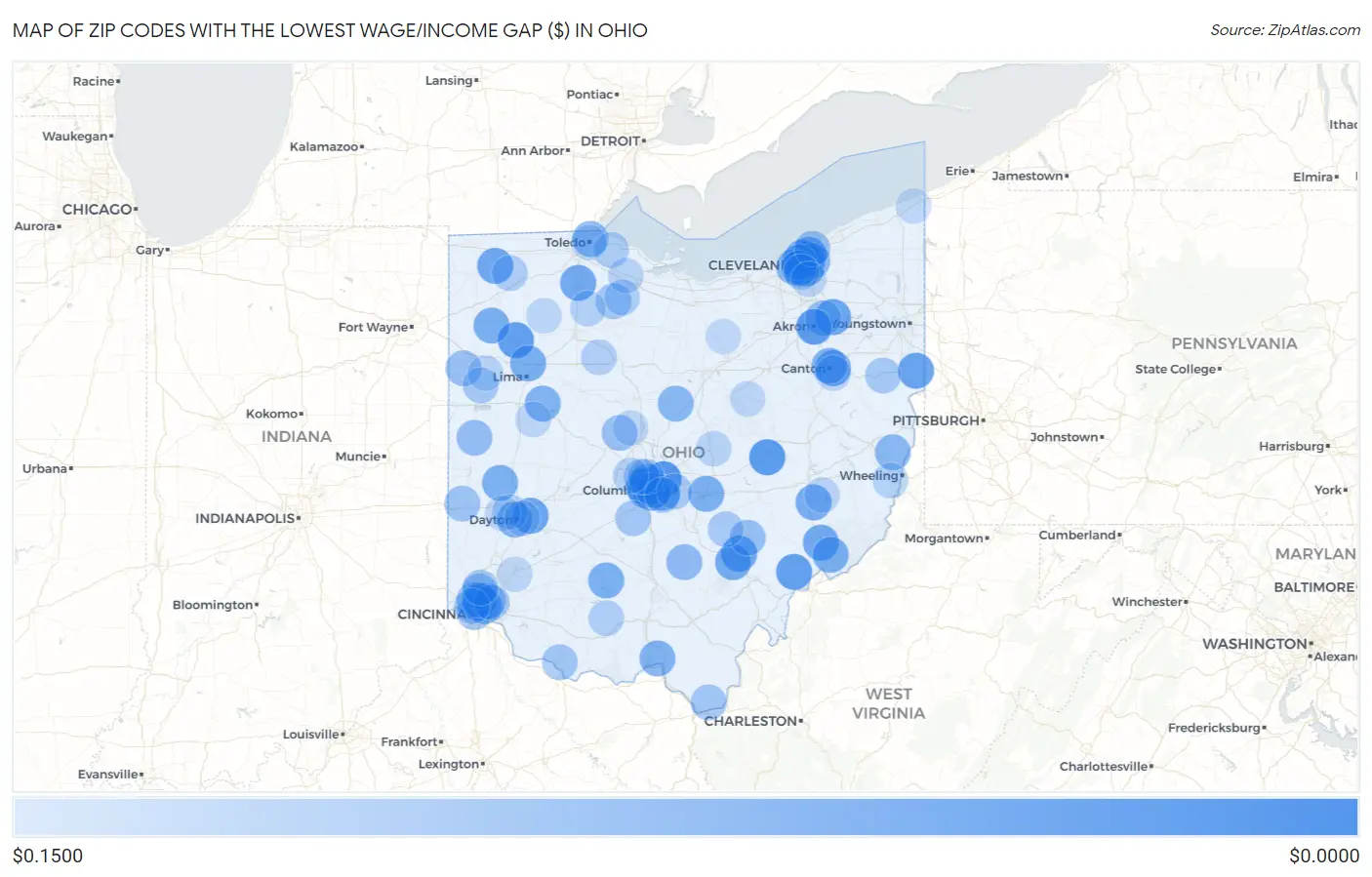 Zip Codes with the Lowest Wage/Income Gap ($) in Ohio Map
